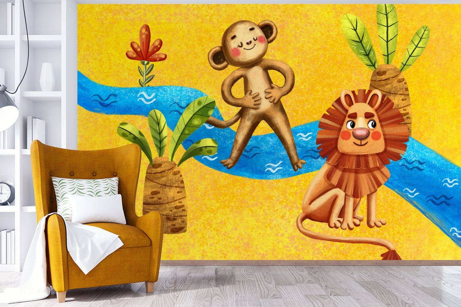 MuchoWow Fototapete Affe - Löwe Matt, Dschungel Wohnzimmer, St), bedruckt, Wasser, - Tapete Schlafzimmer, (6 Wallpaper für Kinderzimmer, - Vinyl