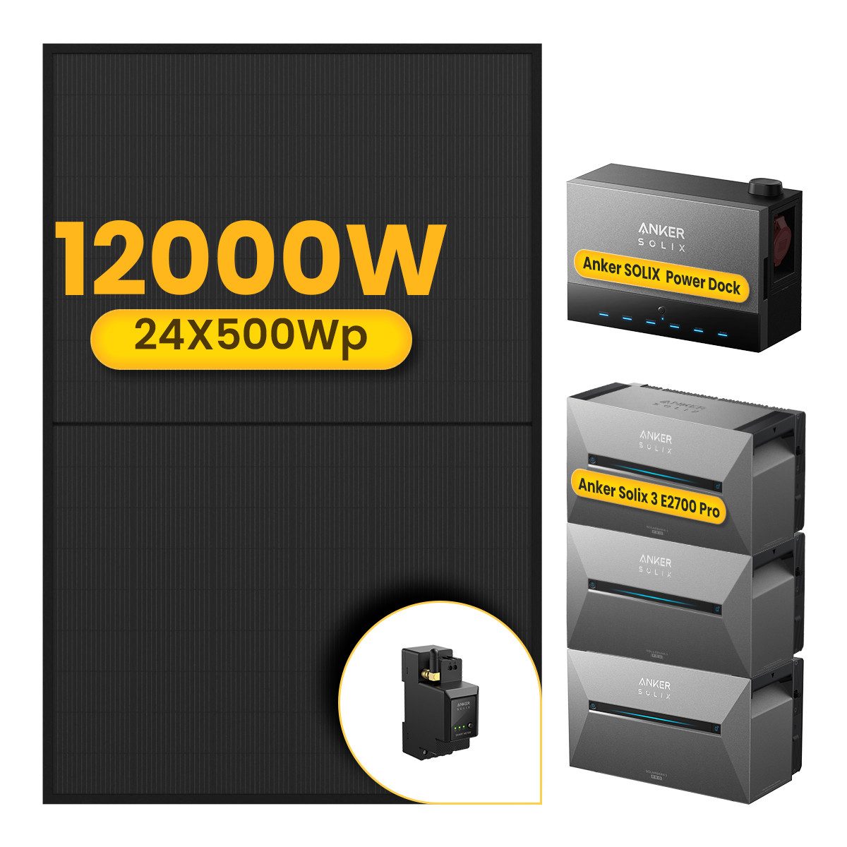 Anker 12000W Anker SOLIX Solarbank Power Dock mit 3*Solarbank 3 Pro Speicher, (3xAnker Pro3 und 24x 500Wp Solarmodul im Lieferumfang enthalten), Speicher mit integriertem Wechselrichter, All-in-One 2,68kWh Akku
