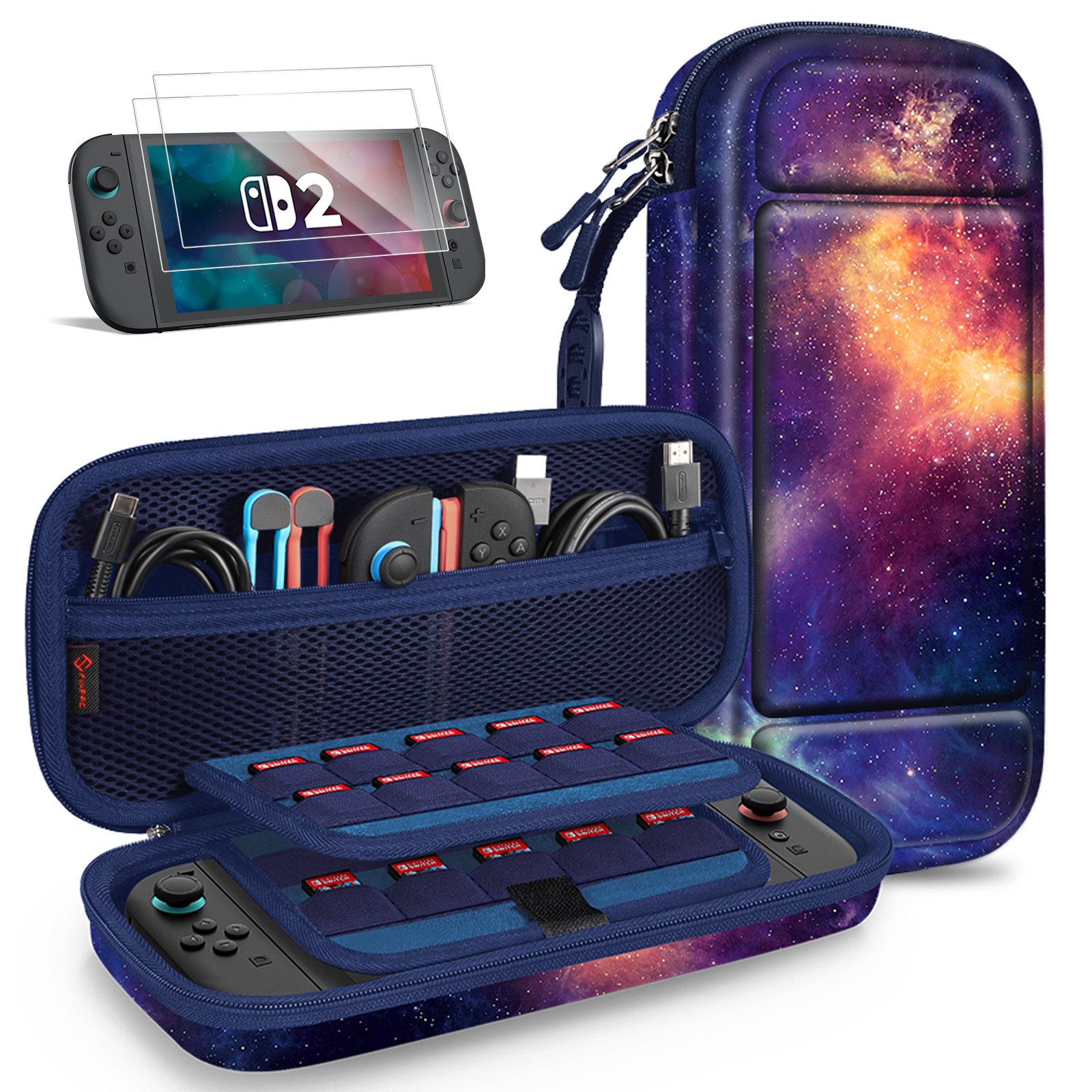 Fintie Nintendo-Schutzhülle Tasche mit 2 Panzerglas für Nintendo Switch 2(2025), 2-in-1 Zubehörset, mit 2 Stücke Schutzfolie, 1 Tragetasche mit großem Fassungsvermögen