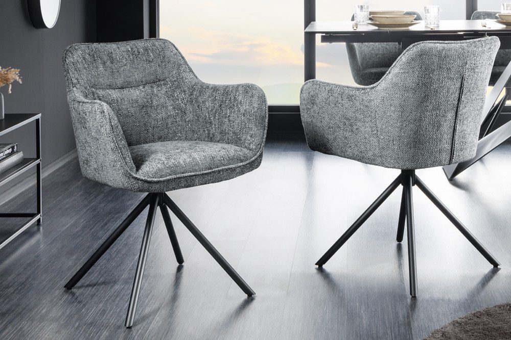 riess-ambiente Polsterstuhl VERONA grau – Strukturstoff, mit Armlehne, Metallgestell (Einzelartikel, 1 St), 180° drehbar mit Auto-Return-Funktion – ideal für Esszimmer oder Büro