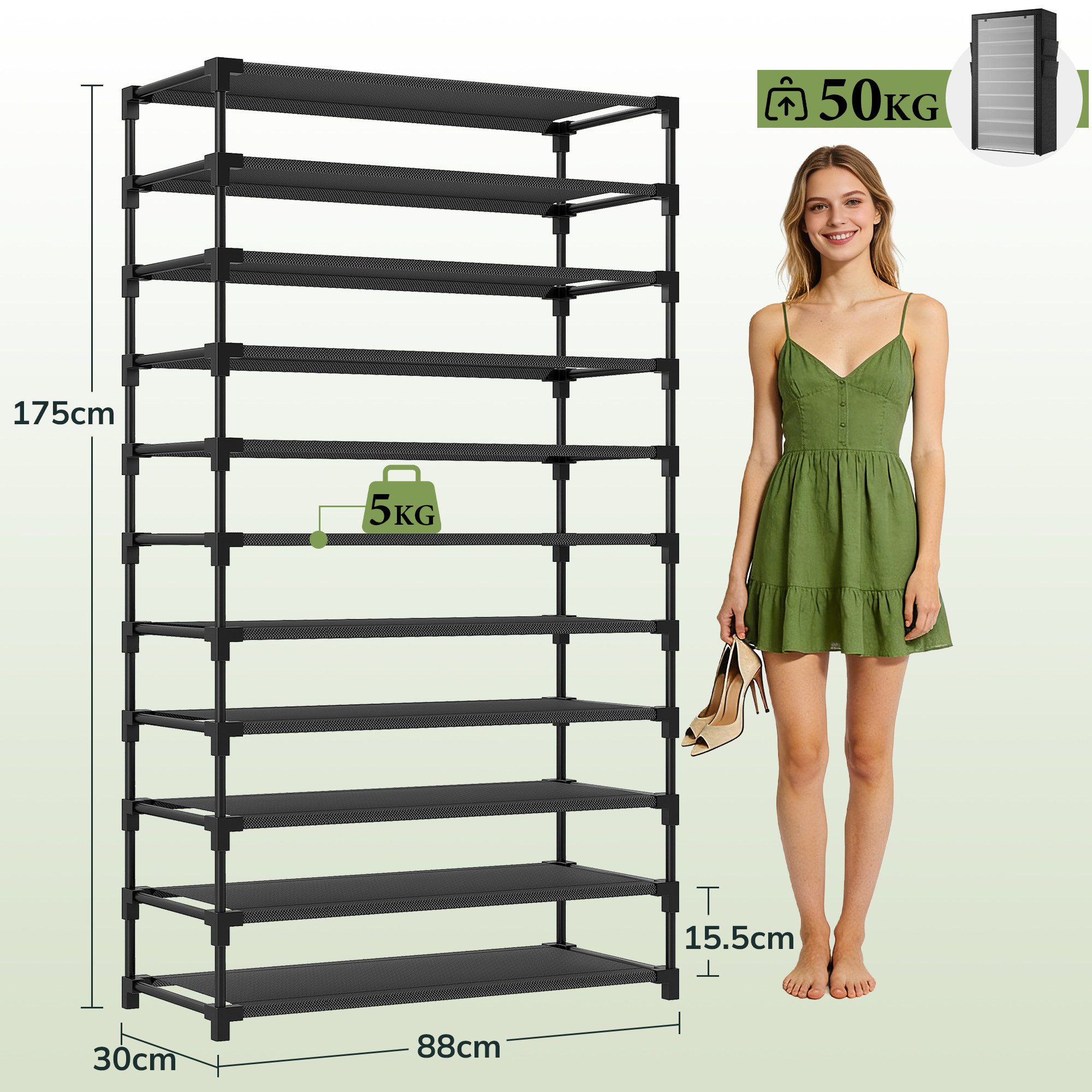 Klyvvo Schuhregal 11 Ebenen, hoher Schuhschrank mit Sichtfenster für 35-50 Paar Schuhe, 1-tlg., Stabil, schmal & platzsparend – ideal für Flur, Wohnzimmer