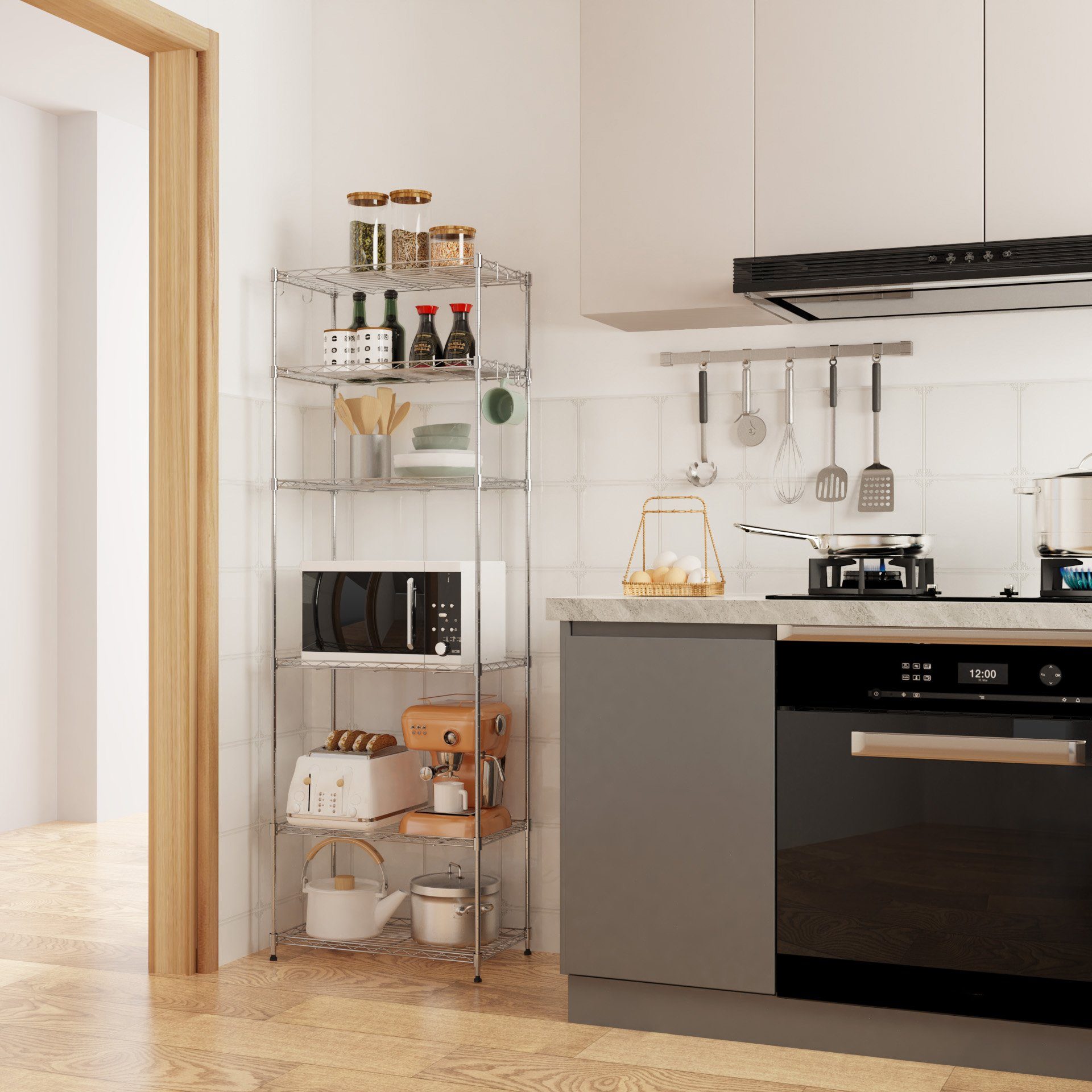 Mondeer Regal Aufbewahrungsregal, 6-Stufiges, 160cm, mit 8-Haken, bis 100kg günstig online kaufen