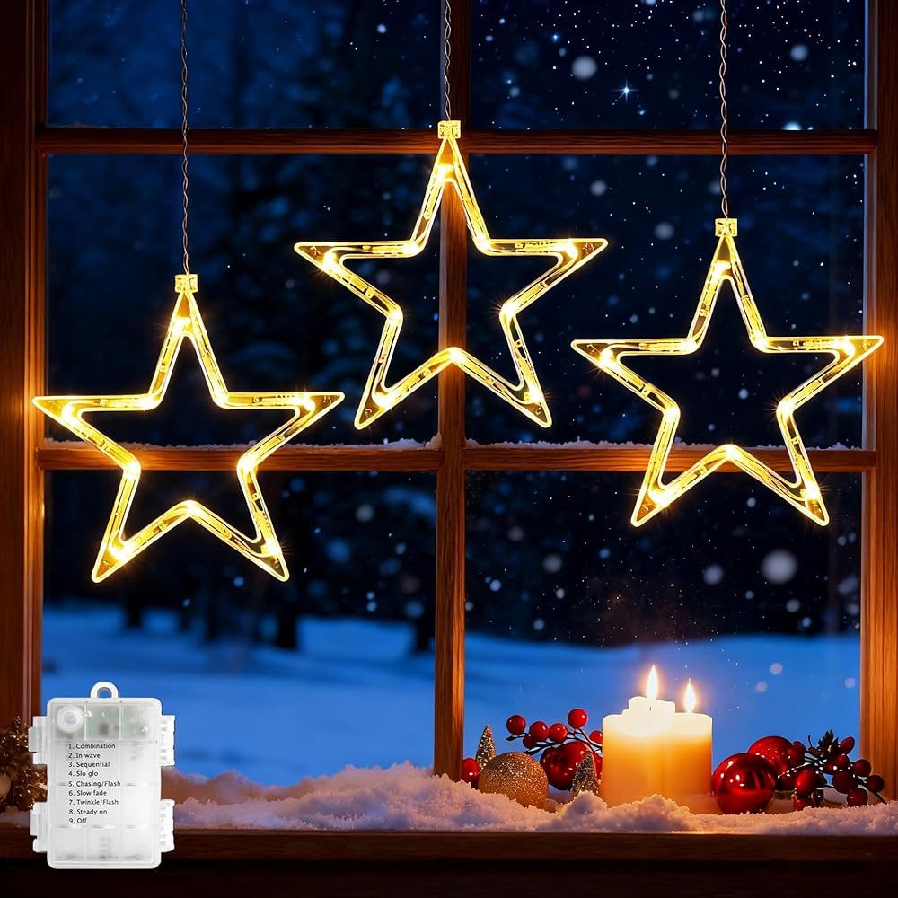Quntis LED-Lichterkette Weihnachtsdeko Fenster Stern, beleuchtete Weihnachtsbeleuchtung, Lichterkette Sterne mit Timer Innen/Außen, Weihnachtsstern Fensterdeko