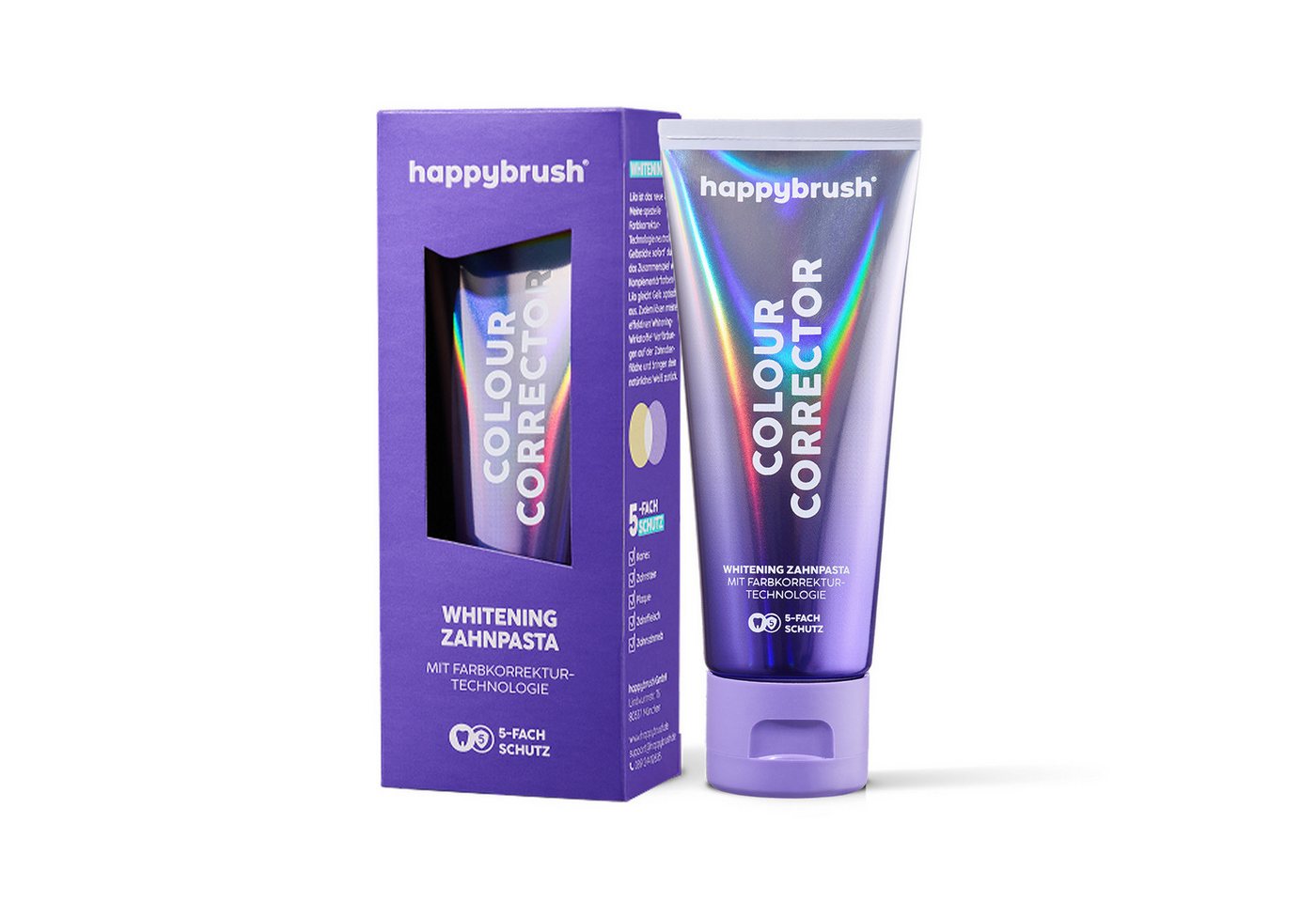 happybrush Zahnpasta Colour Corrector- für weiße Zähne & zur Zahnaufhellung, (Einzelpack) Farbkorrektur-Technologie, 5-fach Schutz