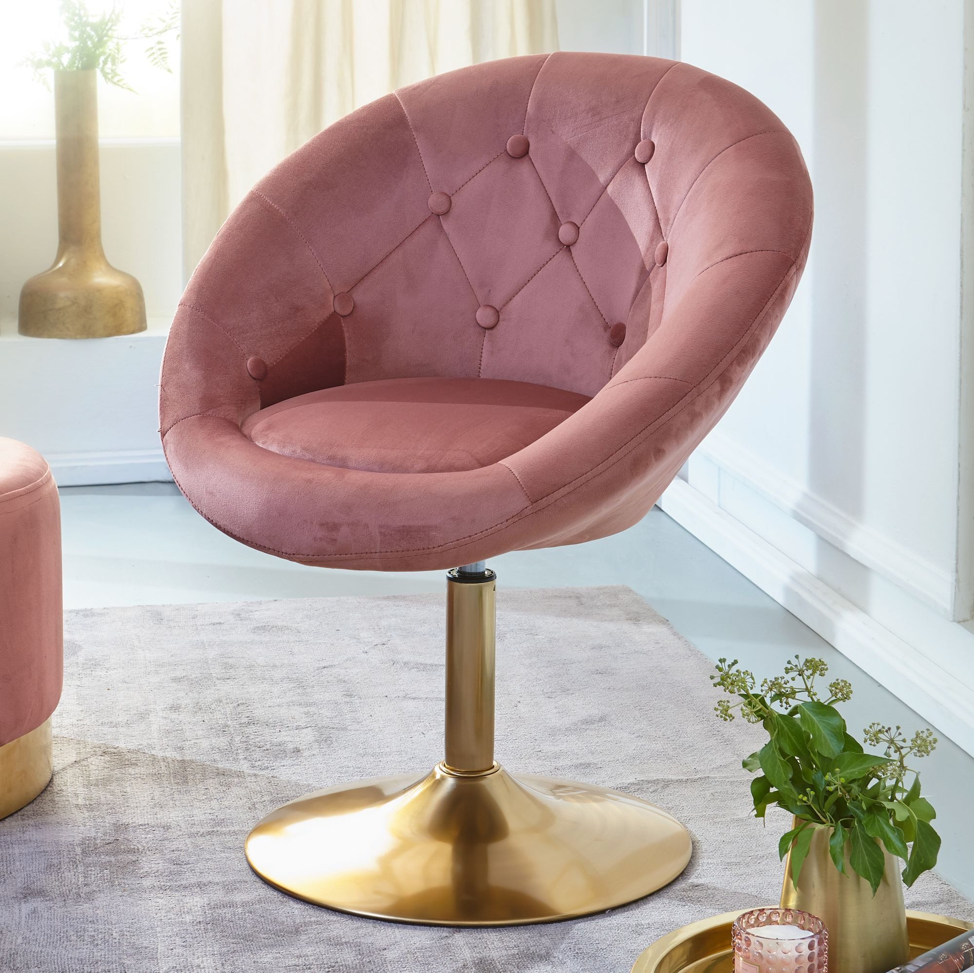 FINEBUY Polsterstuhl Loungesessel Drehstuhl Clubsessel Samt Cocktailsessel Sessel (Samt Rosa / Gold Design Drehstuhl mit Rückenlehne), Clubsessel Lounge, Relaxsessel Loungesessel