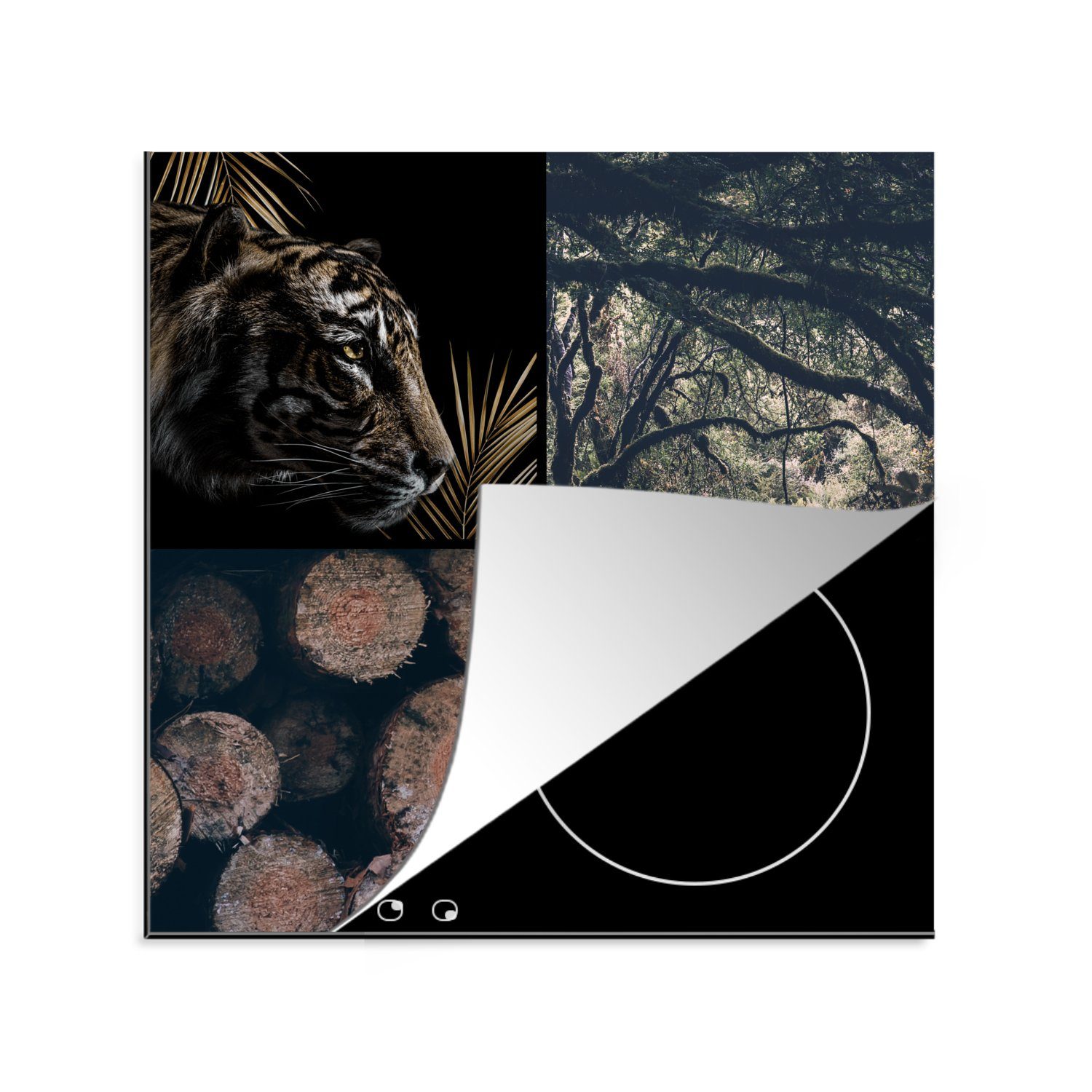 MuchoWow Herdblende-/Abdeckplatte Tiger - Collage küche Baum - tlg), 78x78 Gold, cm, - Arbeitsplatte Vinyl, (1 für Ceranfeldabdeckung