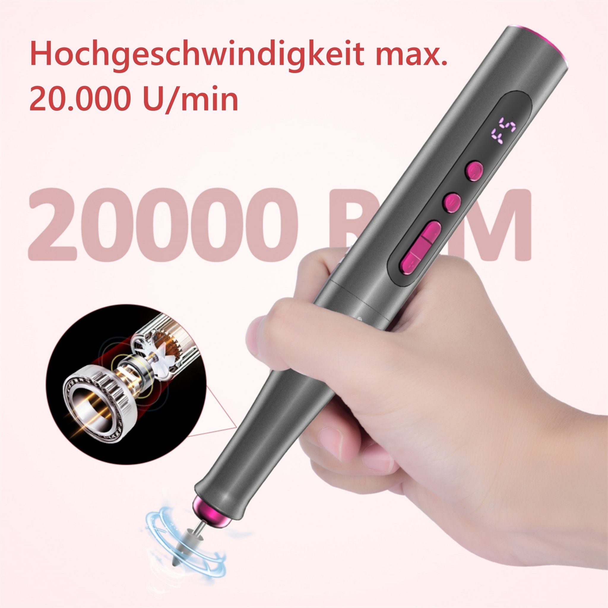 CkeyiN Maniküre-Pediküre-Set 12 In 1 Professionell Elektrische Nagelfräser, 20.000 U/min, 8-tlg., 5 Geschwindigkeiten, Digitalanzeige