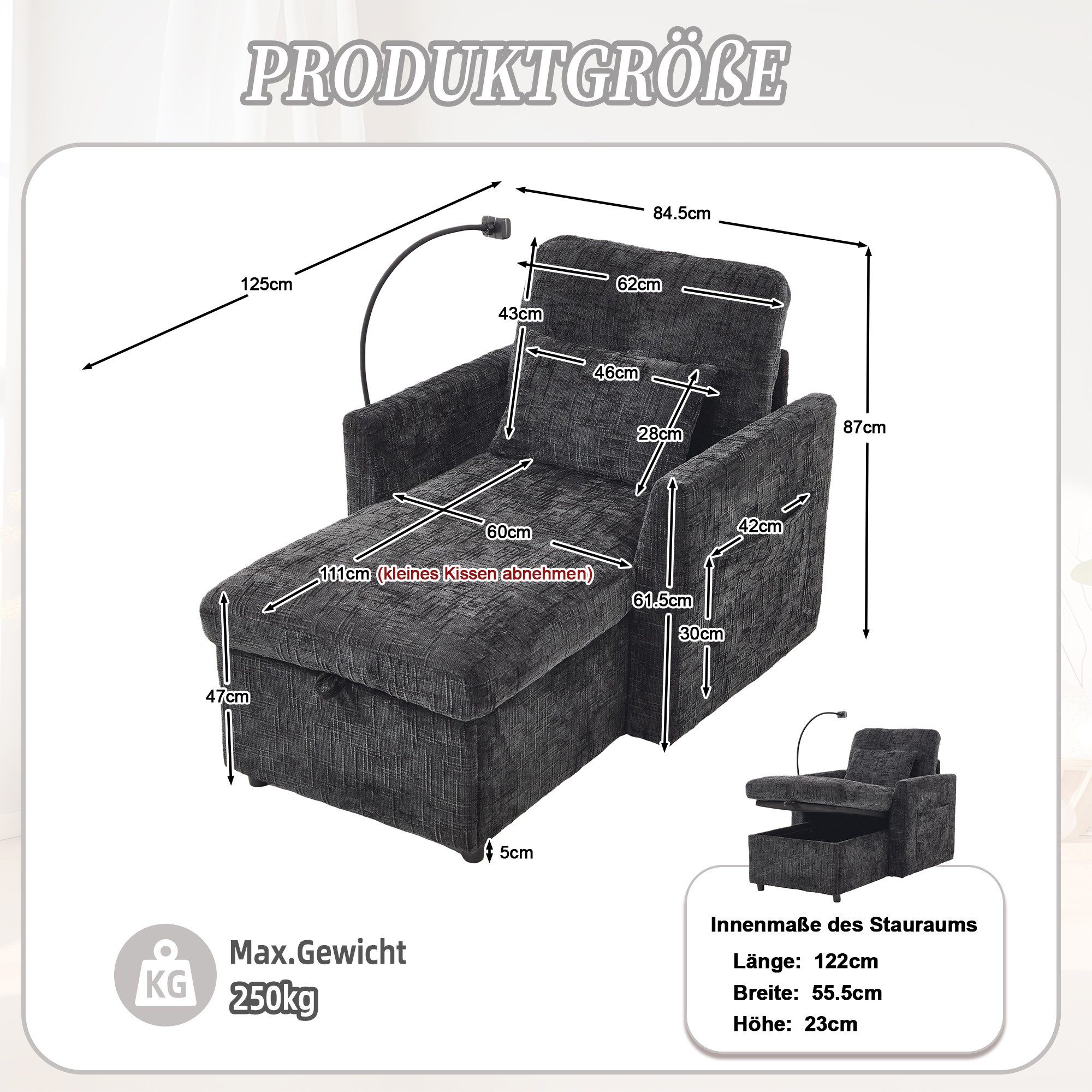 LVHOM Relaxsessel Chaiselongue, Ottomane, Polsterliege, Einzelsitz mit XXL-Stauraum (integriertem verstellbarem Smartphone-Halter, Sitzbox-Stauraum (122x55,5x23 cm), Bequeme Sitzgelegenheit mit seitlicher Ablagefläche, Rückenlehne, 1-Sitzer, 2 Nackenkissen), kleinen Räumen, Mietwohnungen, Wohn-/Schlaf-/Arbeitszimmer,Büro,Balkon