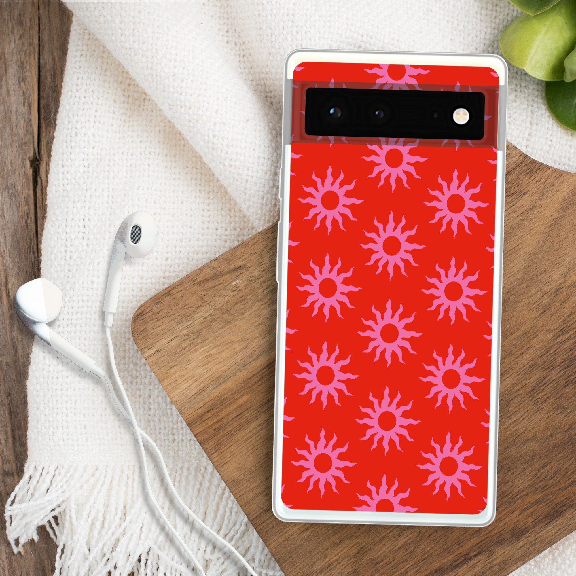 MuchoWow Handyhülle für Google Pixel 6 Sonnen - Rot - Rosa - Muster - Sommer, Handy Case, Silikon, Bumper Case Dünn