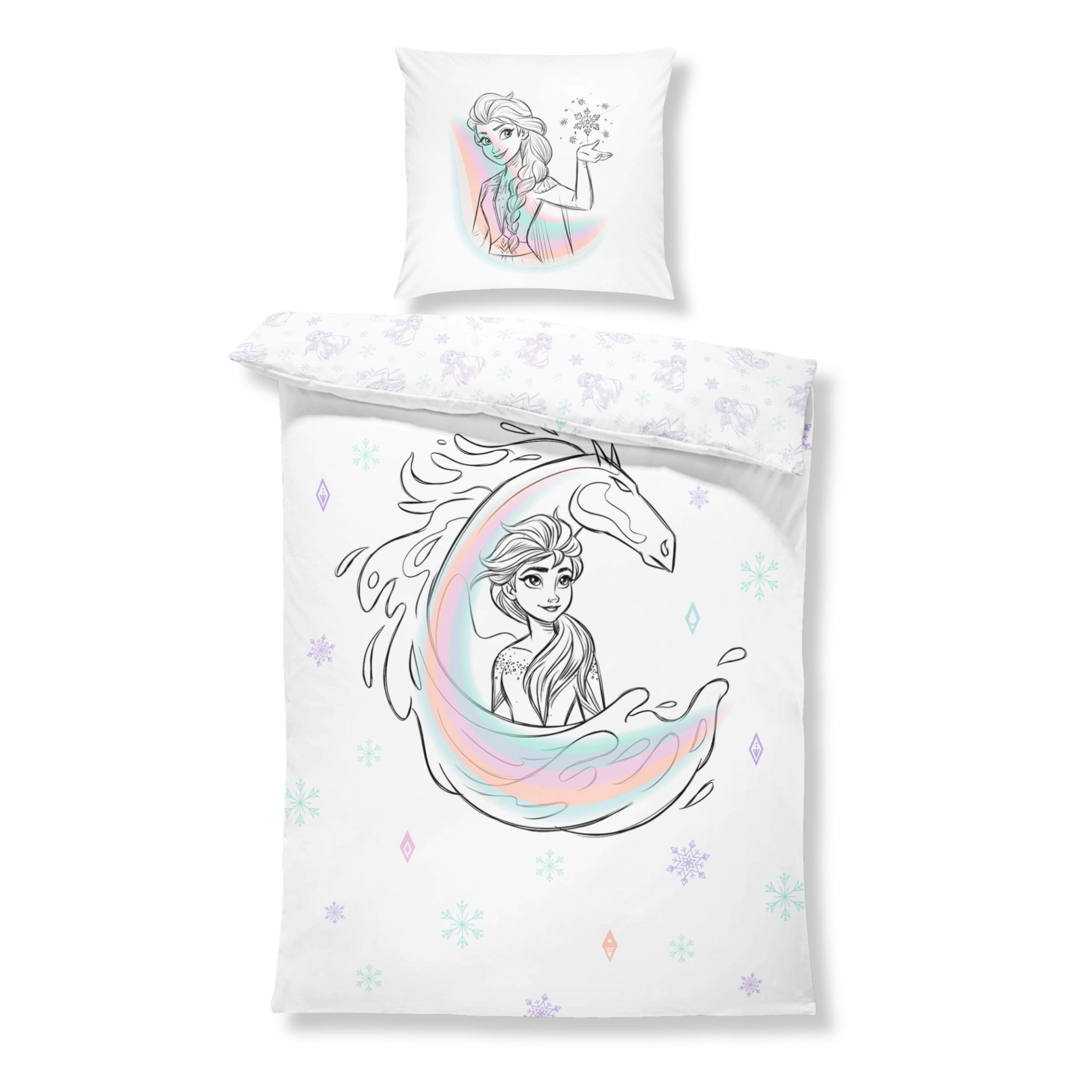 MTOnlinehandel Bettwäsche Disney Frozen "Die Eiskönigin" 135x200 + 80x80 cm, Renforcé, 100% Baumwolle, 2 teilig, Wende-Motiv mit Anna & Elsa für kleine Eisköniginnen gemacht