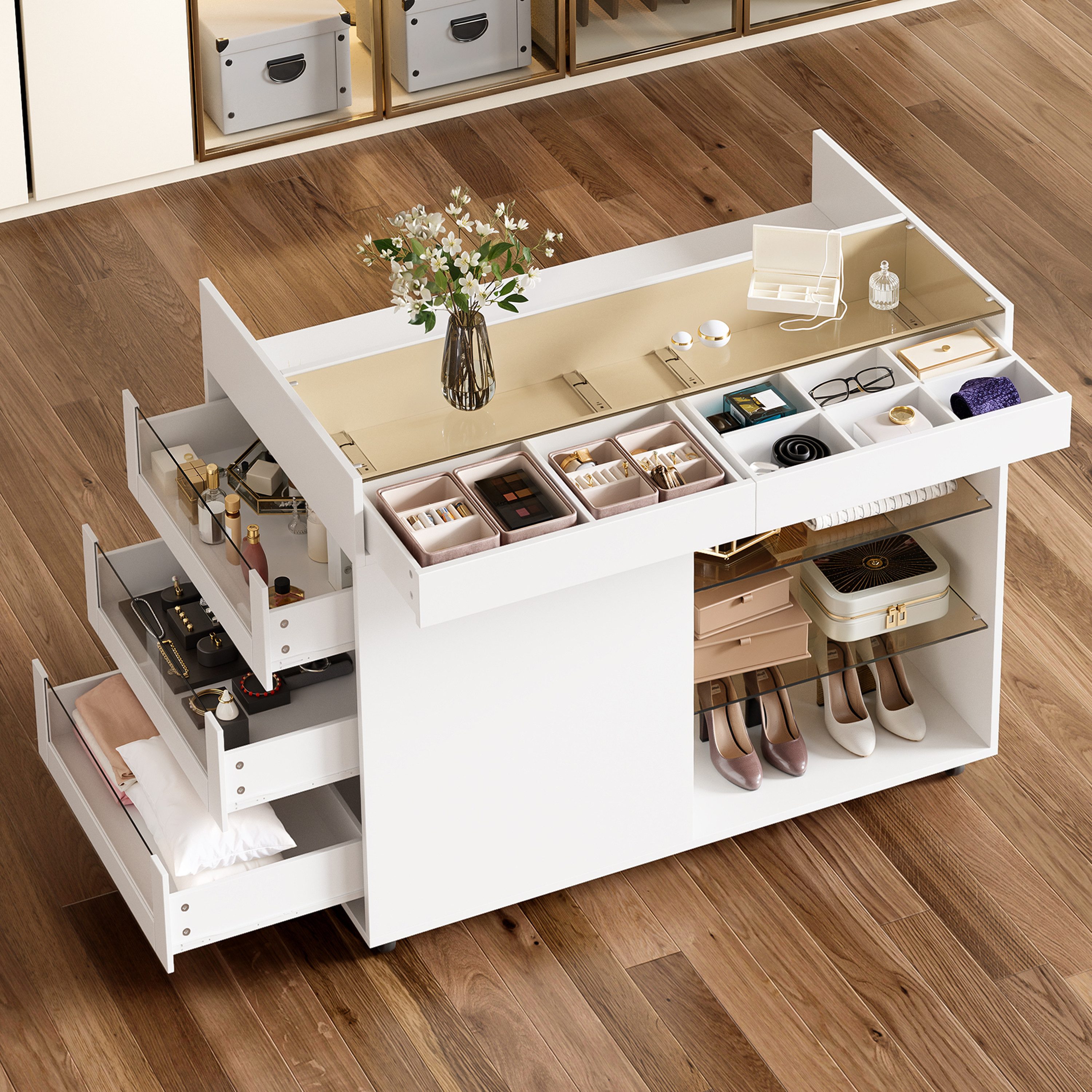 Flieks Kommode mit Glas-Arbeitsplatte & verstellbaren Glaseinlegeböden und Lenkrollen (1 St., B100/T60/H79 cm), Mehrzweckschrank Schmuckschrank Holzschrank mit 5 Schubladen Weiß