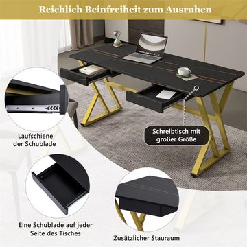 Sweiko Computertisch mit zwei Schubladen,150cm Grosser Leichter, (Gold + Schwarz Marmoriert)