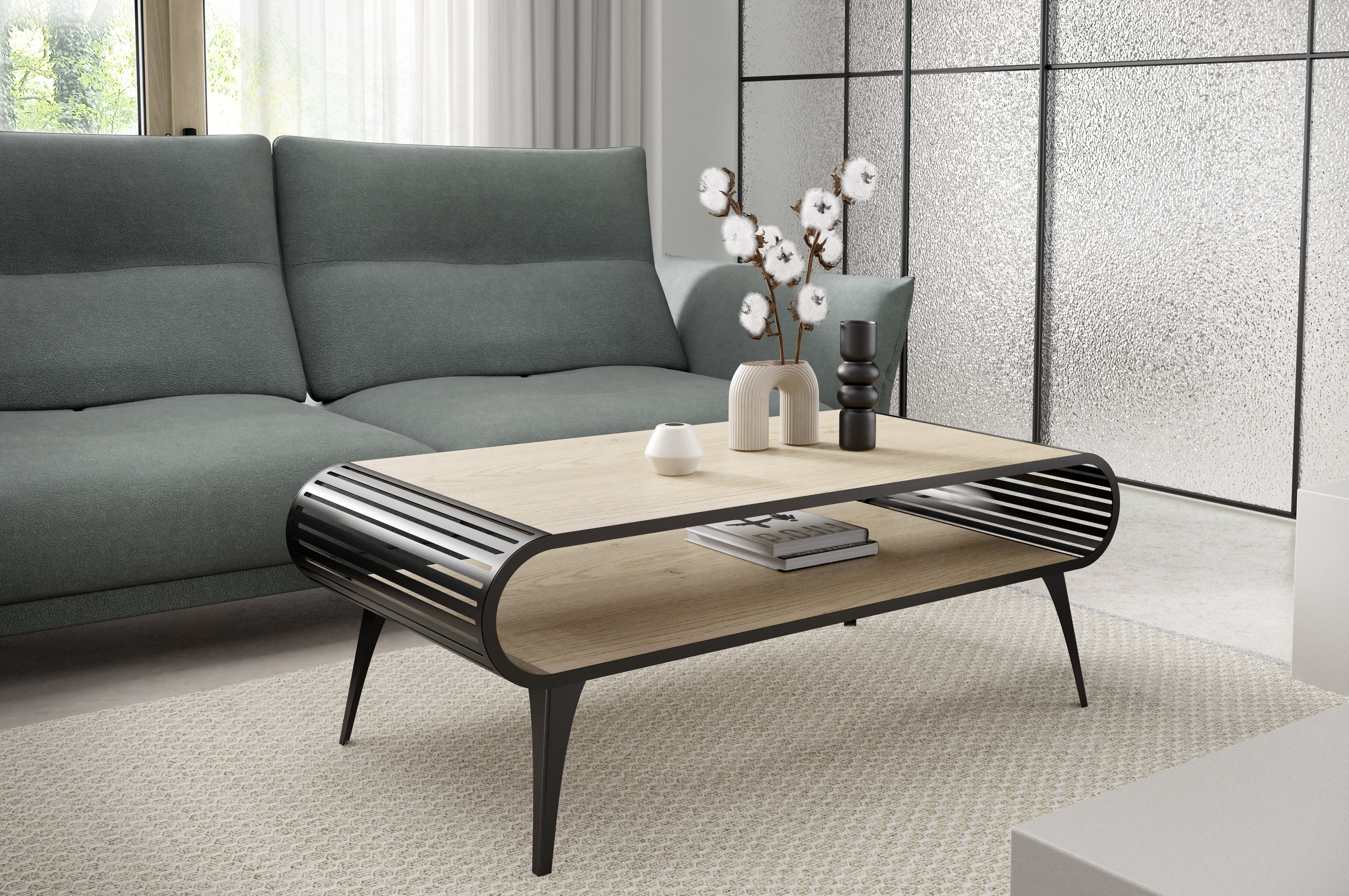 Couchtisch Stilo in Halifax Eiche mit Schwarze Metallfüße