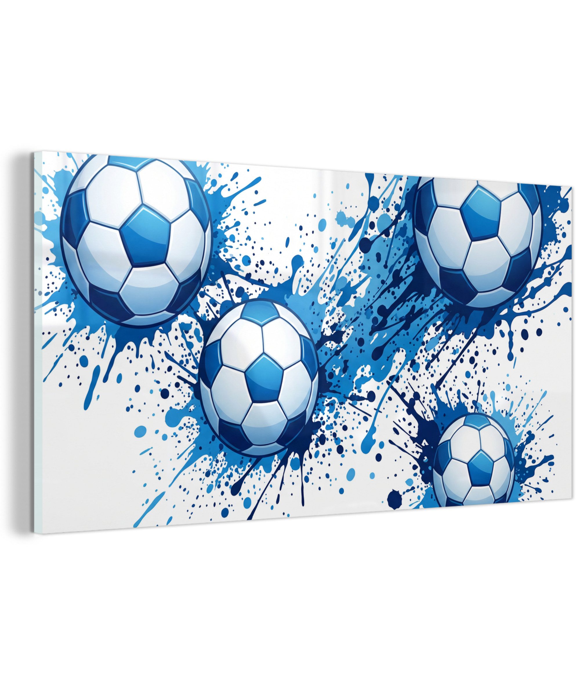MuchoWow Acrylglasbild Fußbälle - Farbe - Sport - Blau, Inkl. Aufhängung, Dekorative Bild für Küche & Wohnzimmer auf Glas, 40x20 cm