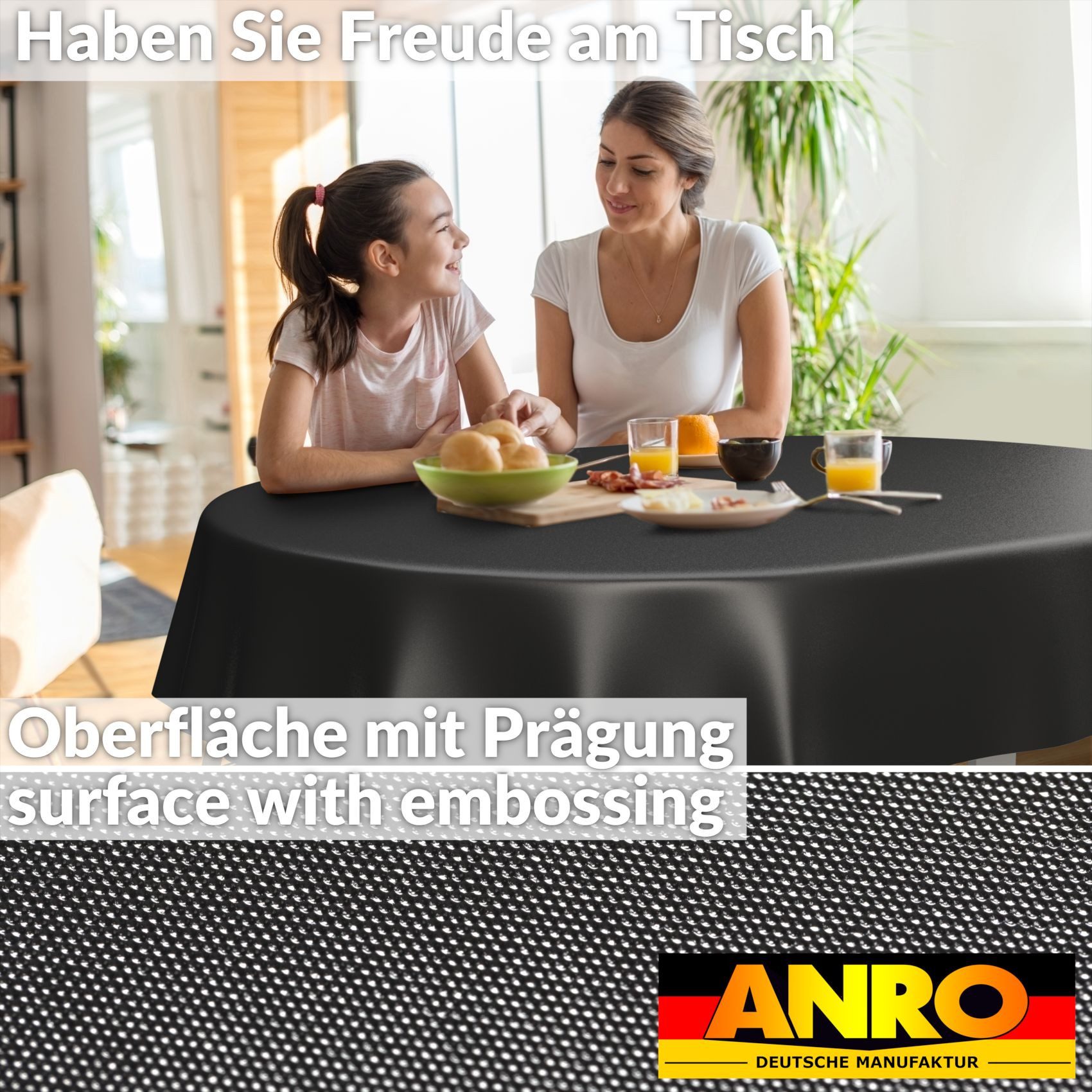 ANRO Tischdecke Wachstuchtischdecke abwaschbar UNI auch als Gartentischdecke (Einzelstück 1-tlg), wasserabweisend pflegeleicht Textil-Optik Schwarz Oval 180x140cm