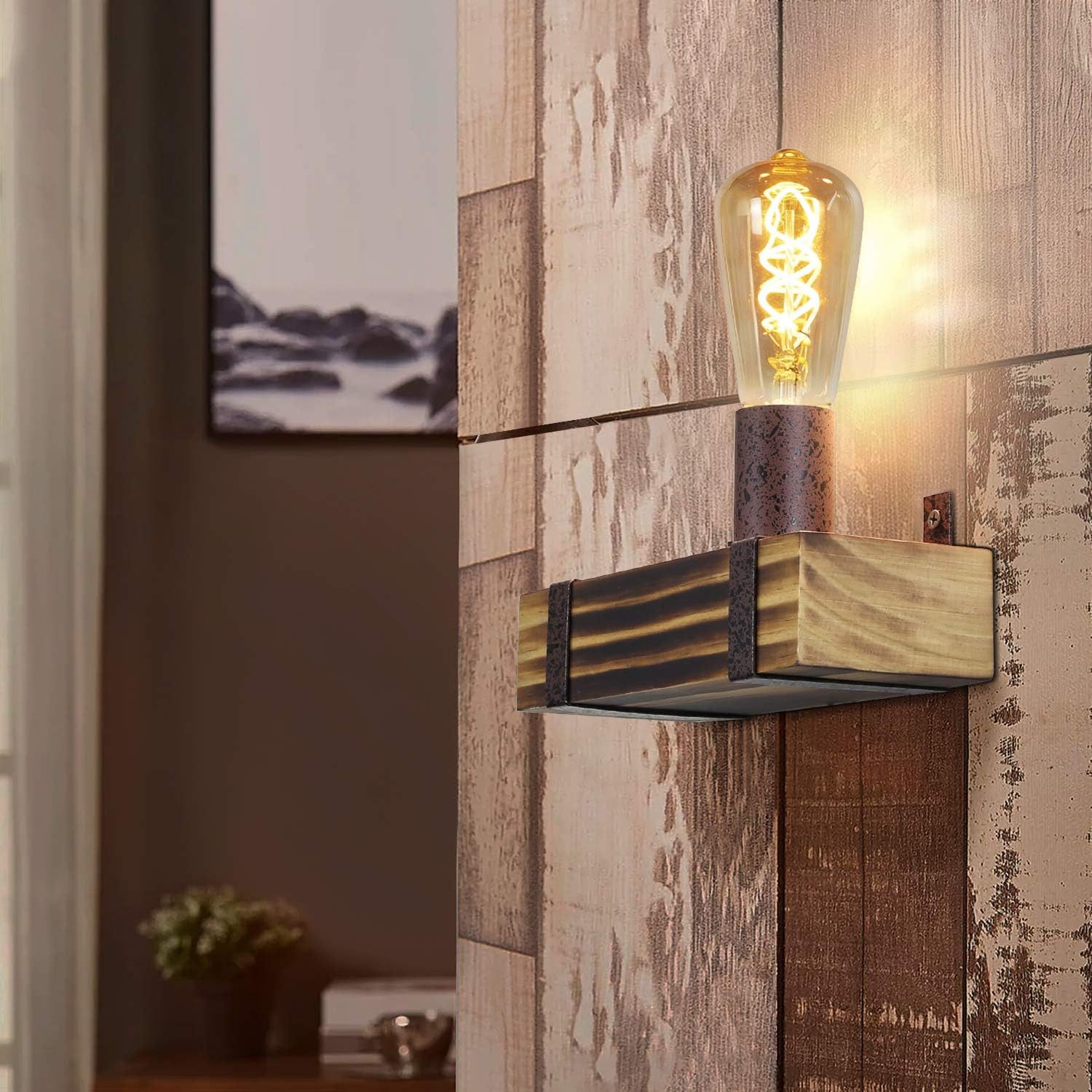 Nettlife Wandleuchte Vintage Wandleuchte E27 Holz Retro 23CM, LED wechselbar