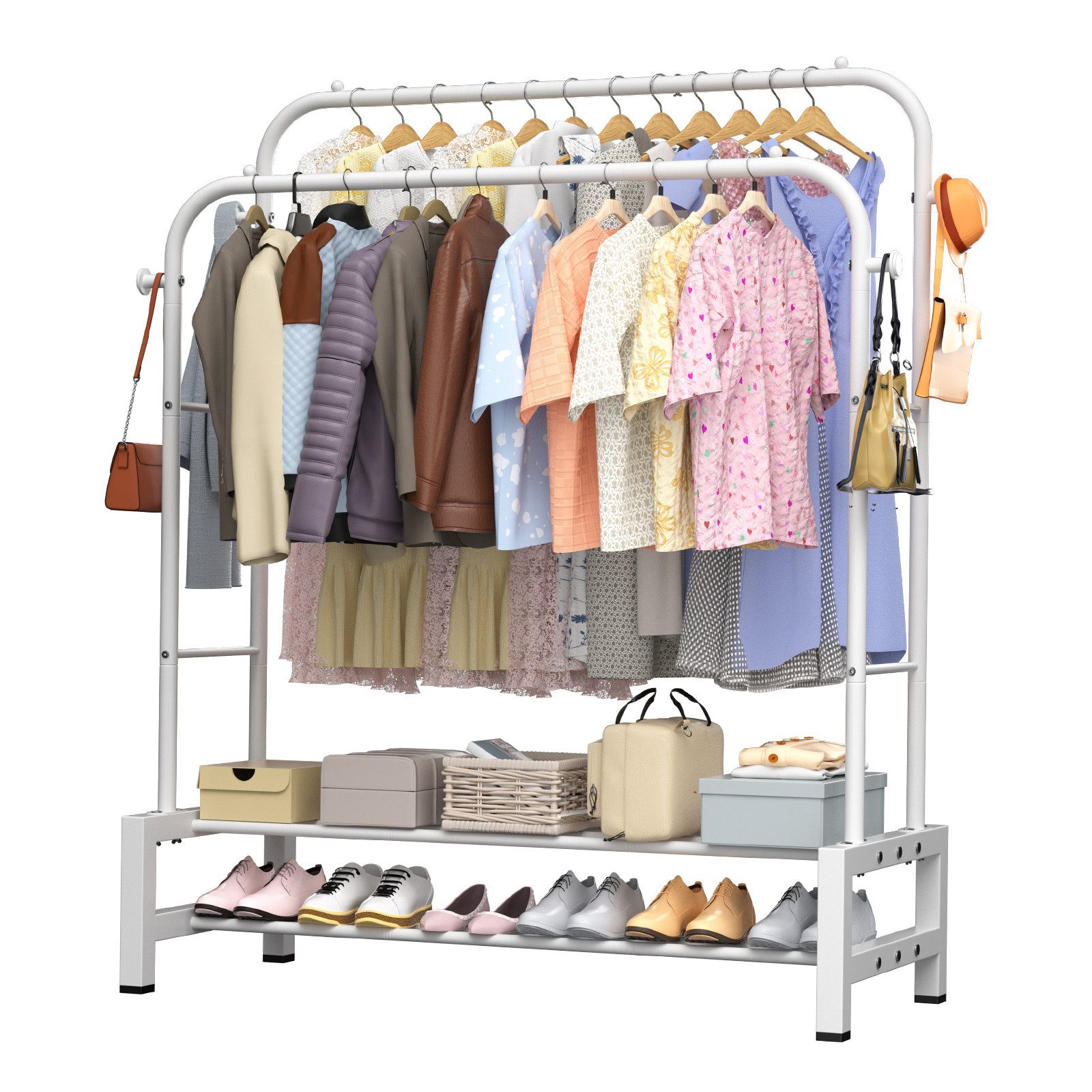 loefme Kleiderständer 3-in-1 Garderobenständer, Metall Kleiderstange offen, (mit doppelter Ablage & Seitenhaken), Einfache Montage Multifunktionaler Kleiderständer, Schwarz