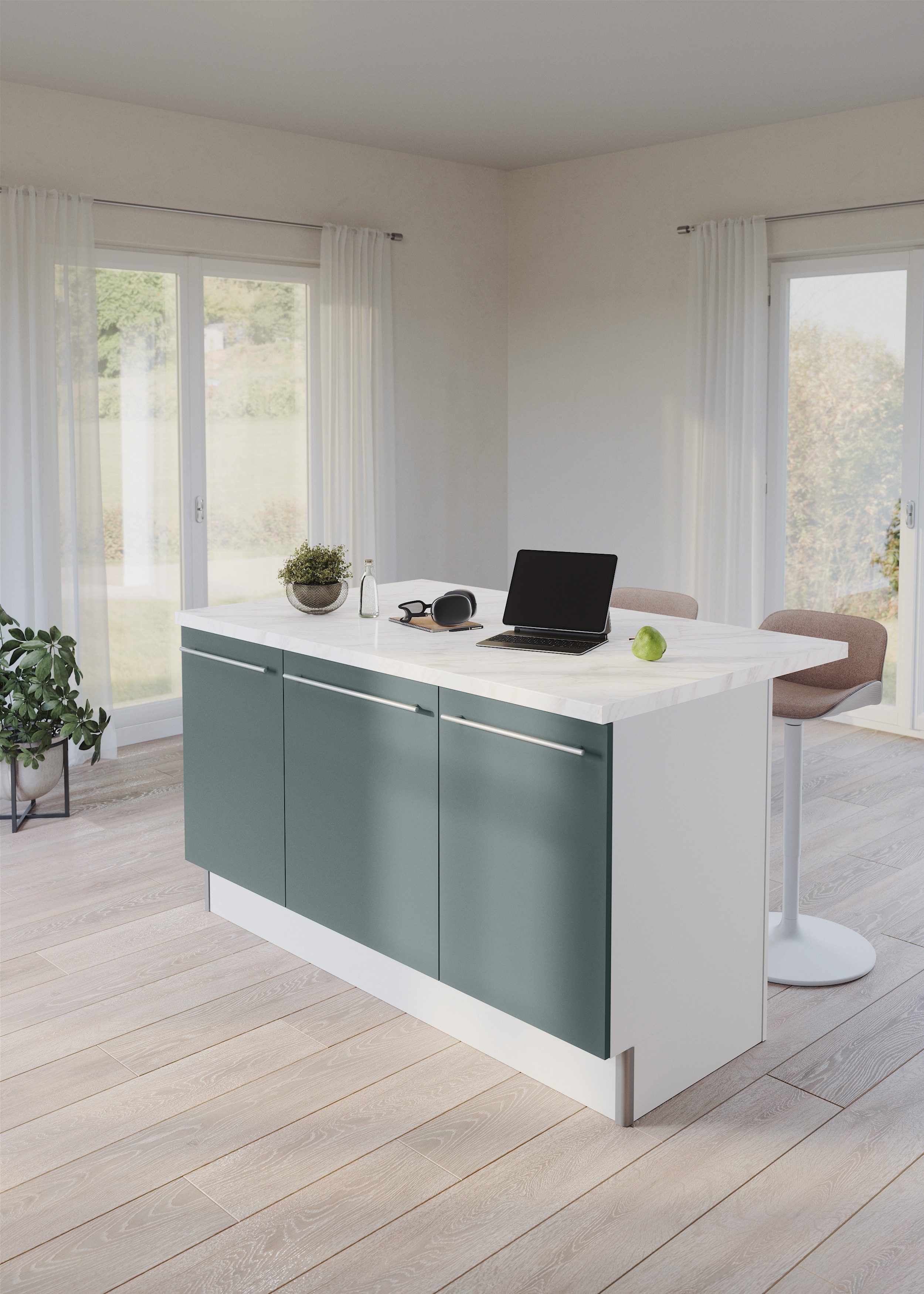 KOCHSTATION Kücheninsel KS-Bern2, Stellmaße 161 x 96,5 cm, mit durchgehender Arbeitsplatte als Theke