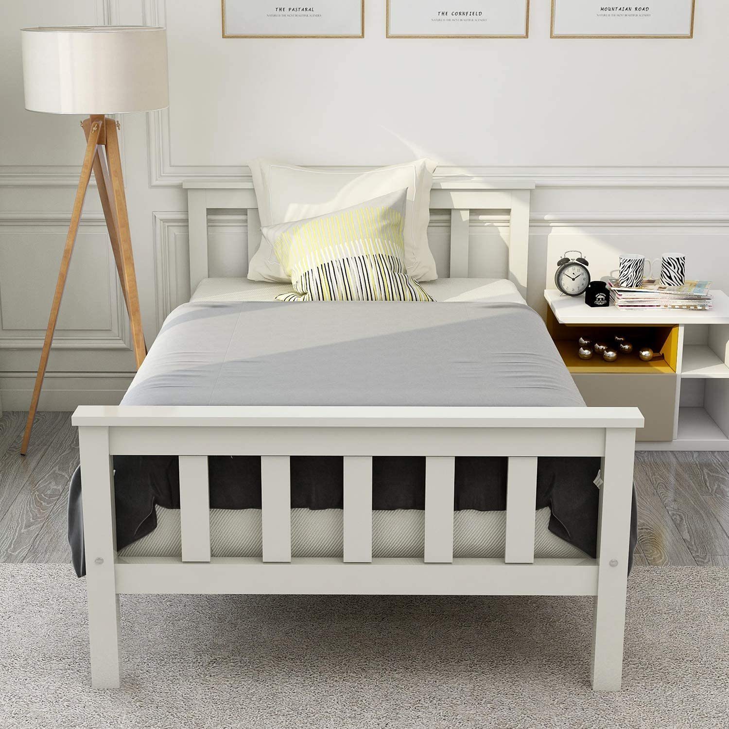 Merax single bed with slatted base, youth bed with headboard, solid wood bed frame, wooden bed 90x200cm