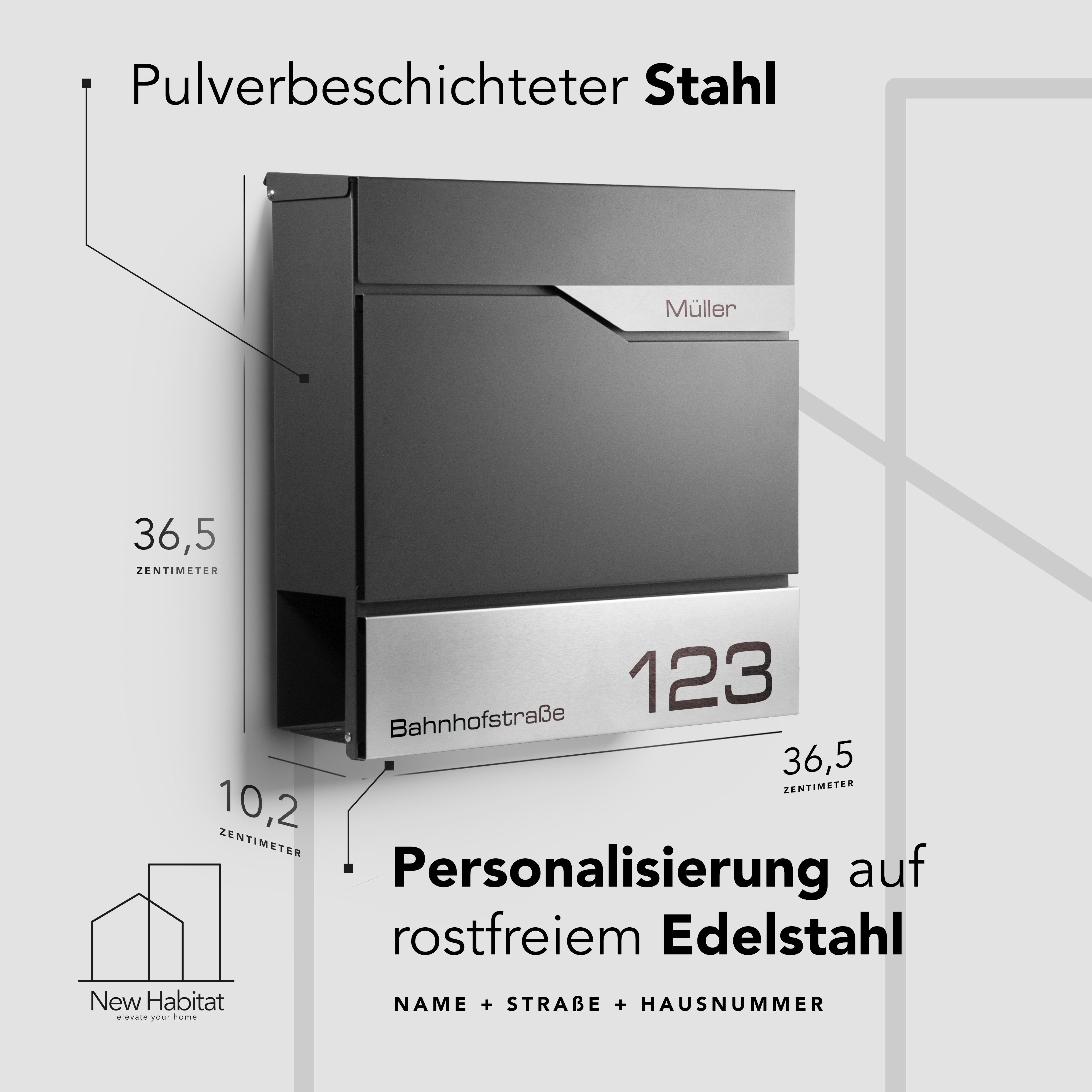 NewHabitat Briefkasten Moderner Wandbriefkasten Personalisierbar Anthrazit RAL7016 (Komplettset, Modell: Manhattan), Rostfrei