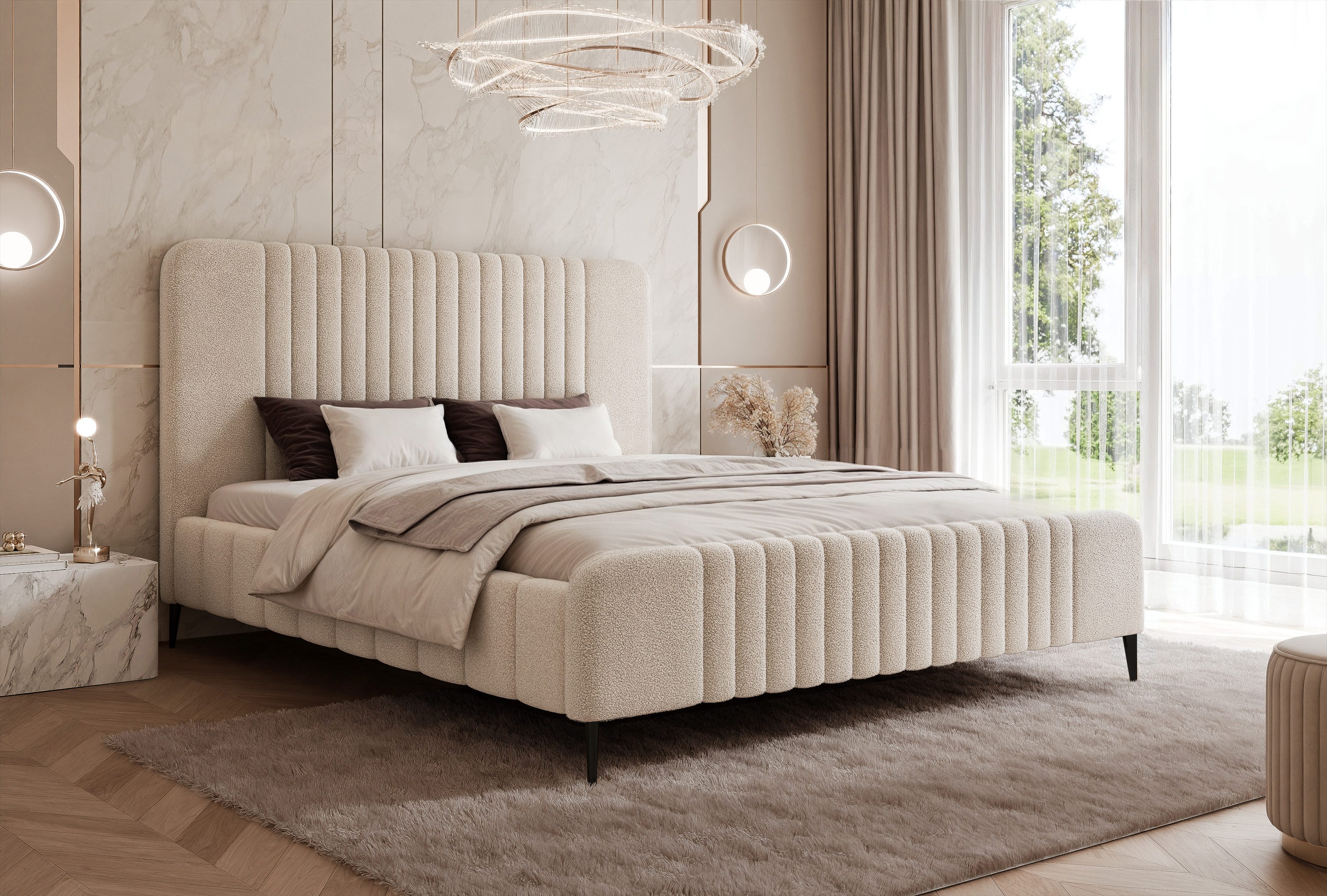 Goldstoff Polsterbett Elegantes Bett "OPERA" mit hohem Kopfteil und großzügigem Stauraum (120–200x200 cm, Kopfteilhöhe: 90/110 cm, Seitenhöhe: 25/40 cm), Modernes Bett mit hohem Kopfteil und großzügigem Stauraum