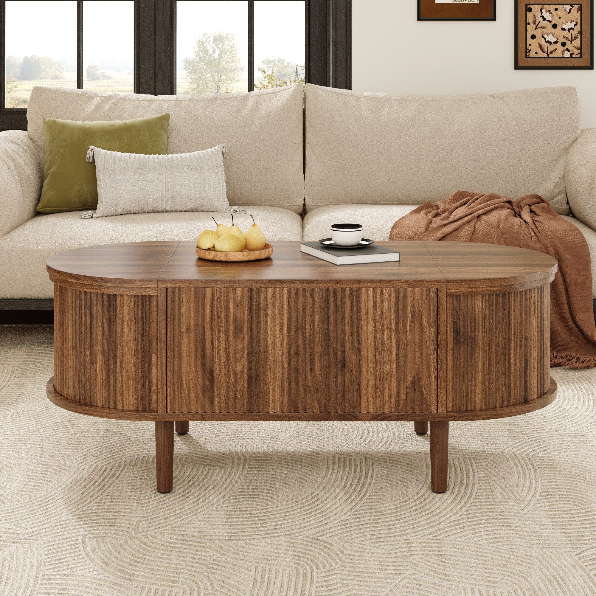 Merax Couchtisch verstellbarer Beistelltisch Ovaler Wohnzimmertisch im Vintage-Stil (100 × 48 × 53,5 cm, 1-St), Sofatisch mit höhenverstellbarer Tischplatte & v – Bild 3 von 5