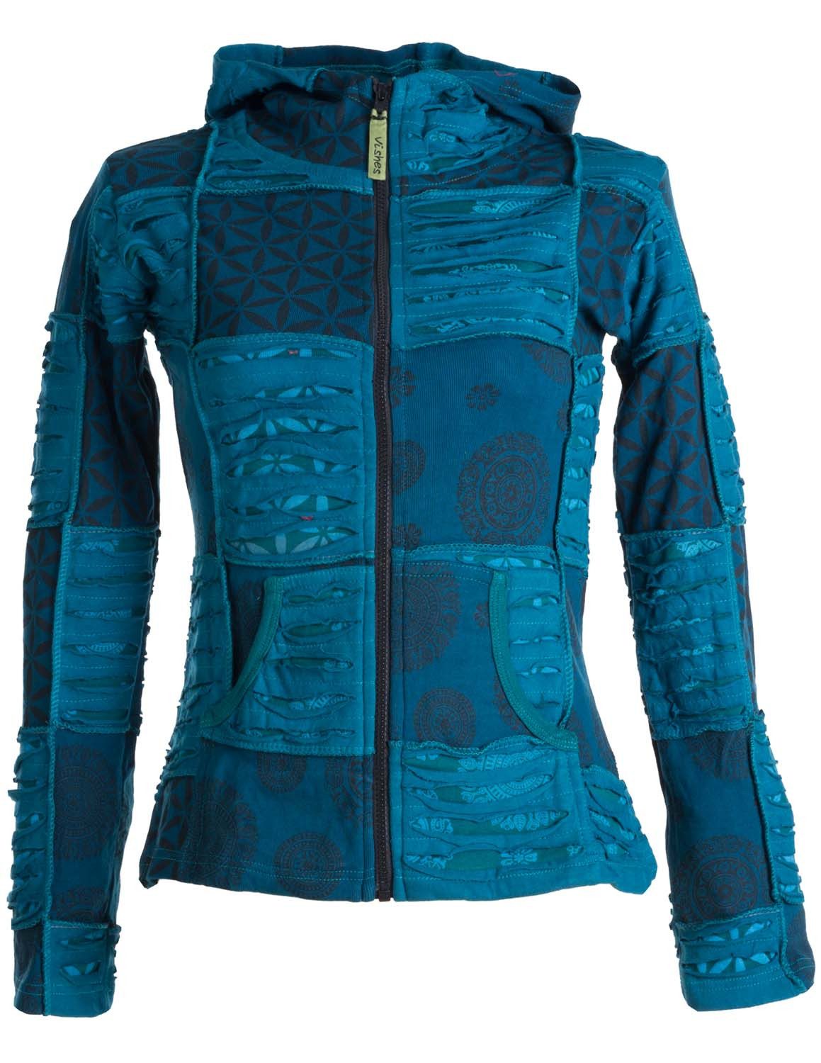 Vishes Kapuzensweatjacke Patchwork und Cutwork Elfenjacke mit Zipfelkapuze Boho, Hoodie, Hippie Goa Style