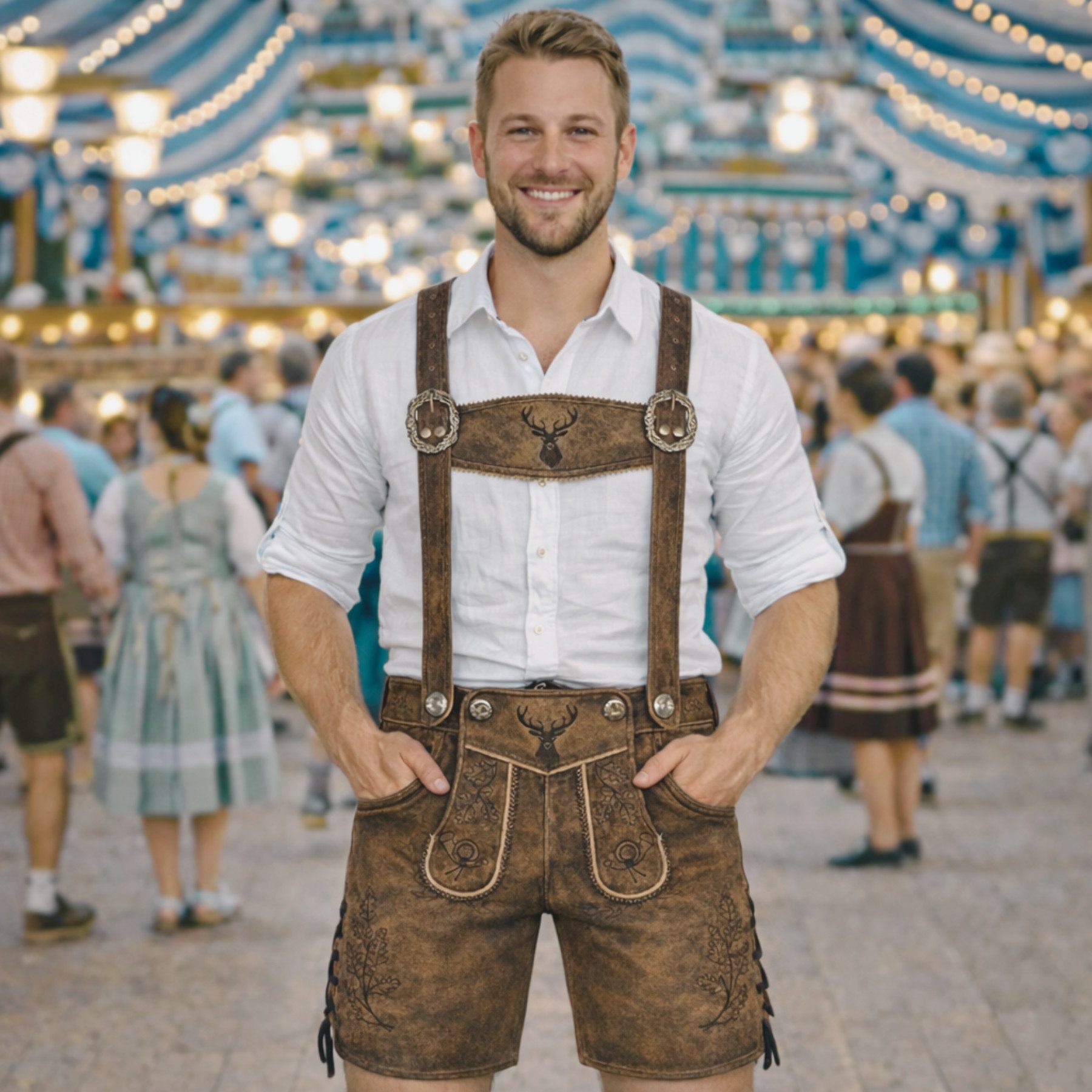 PAULGOS Trachtenhose Herren Lederhose Kurz mit Trägern 100% Echtleder - HK5 ANTIK