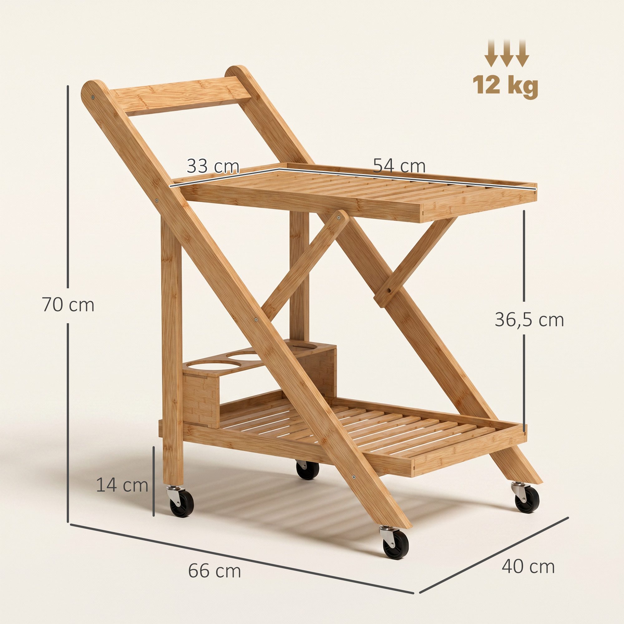 HOMCOM Servierwagen Küchenwagen mit 2 Ebenen, Rollwagen mit Weinregal, klappbar, (Rollwagen, 1 St., Küchenwagen), für Büro, Küche, Wohnzimmer, 66 x 40 x 70 cm, Bambus, Natur
