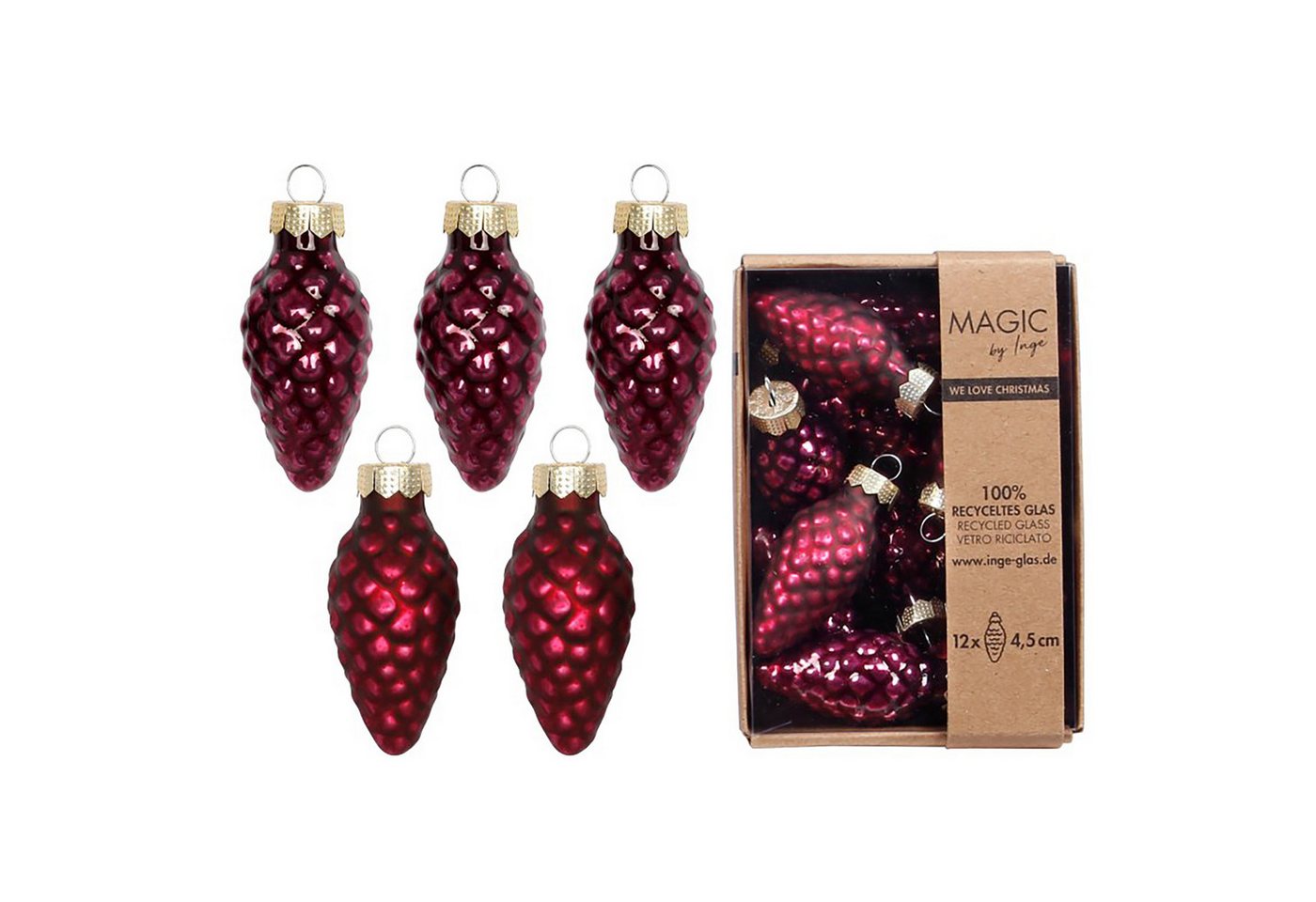 Holly & Jolly Christbaumschmuck, Christbaumschmuck Zapfen 4,5cm Glas 12 Stück - Smooth Port