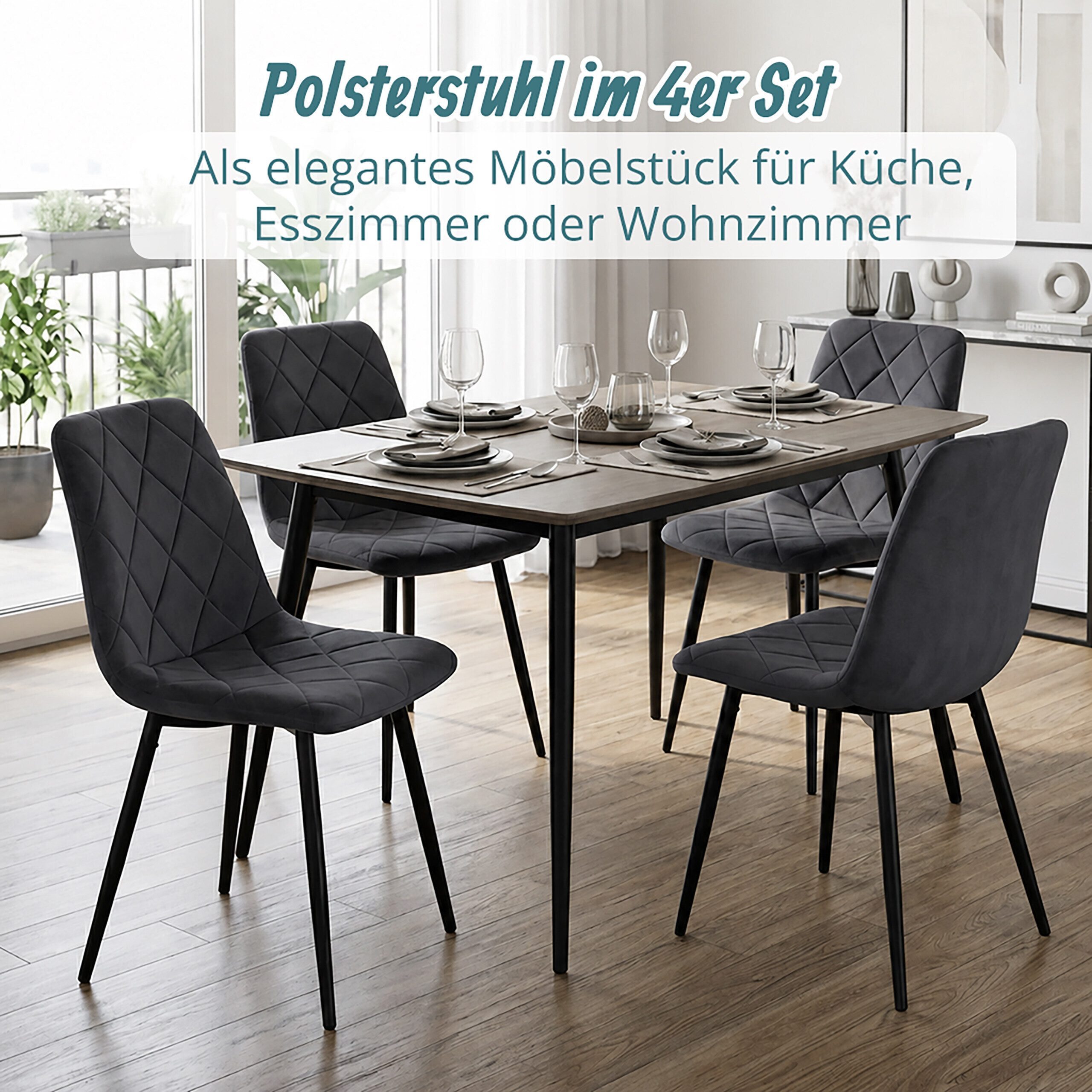 relaxdays Esszimmerstuhl Samt Esszimmerstuhl Set (4 St), anthrazit., 4er Pack – Bild 2 von 5