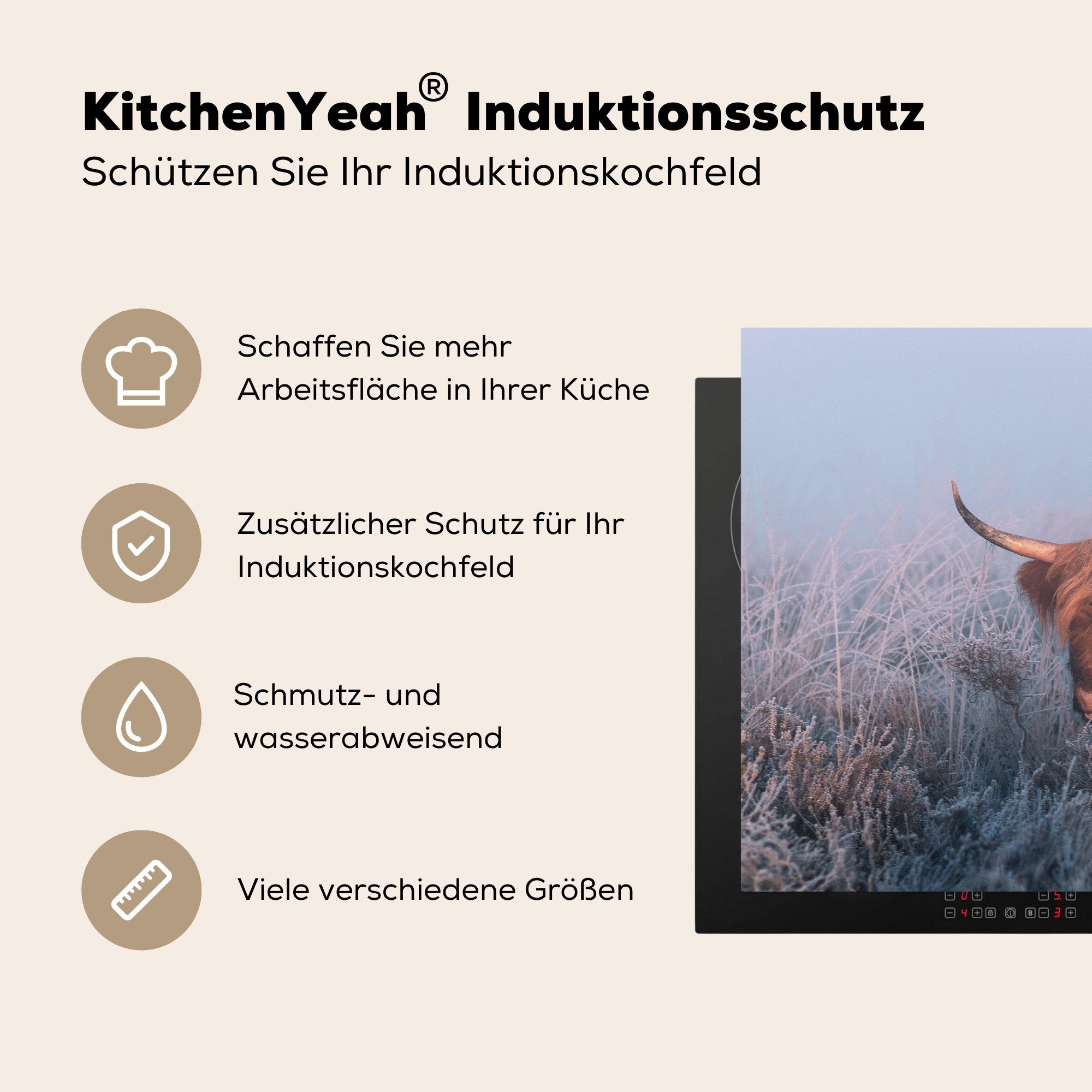 MuchoWow Herdblende-/Abdeckplatte Schottische Nebel tlg), Vinyl, Induktionskochfeld küche, (1 Winter, die - für Ceranfeldabdeckung cm, Schutz - Highlander 81x52
