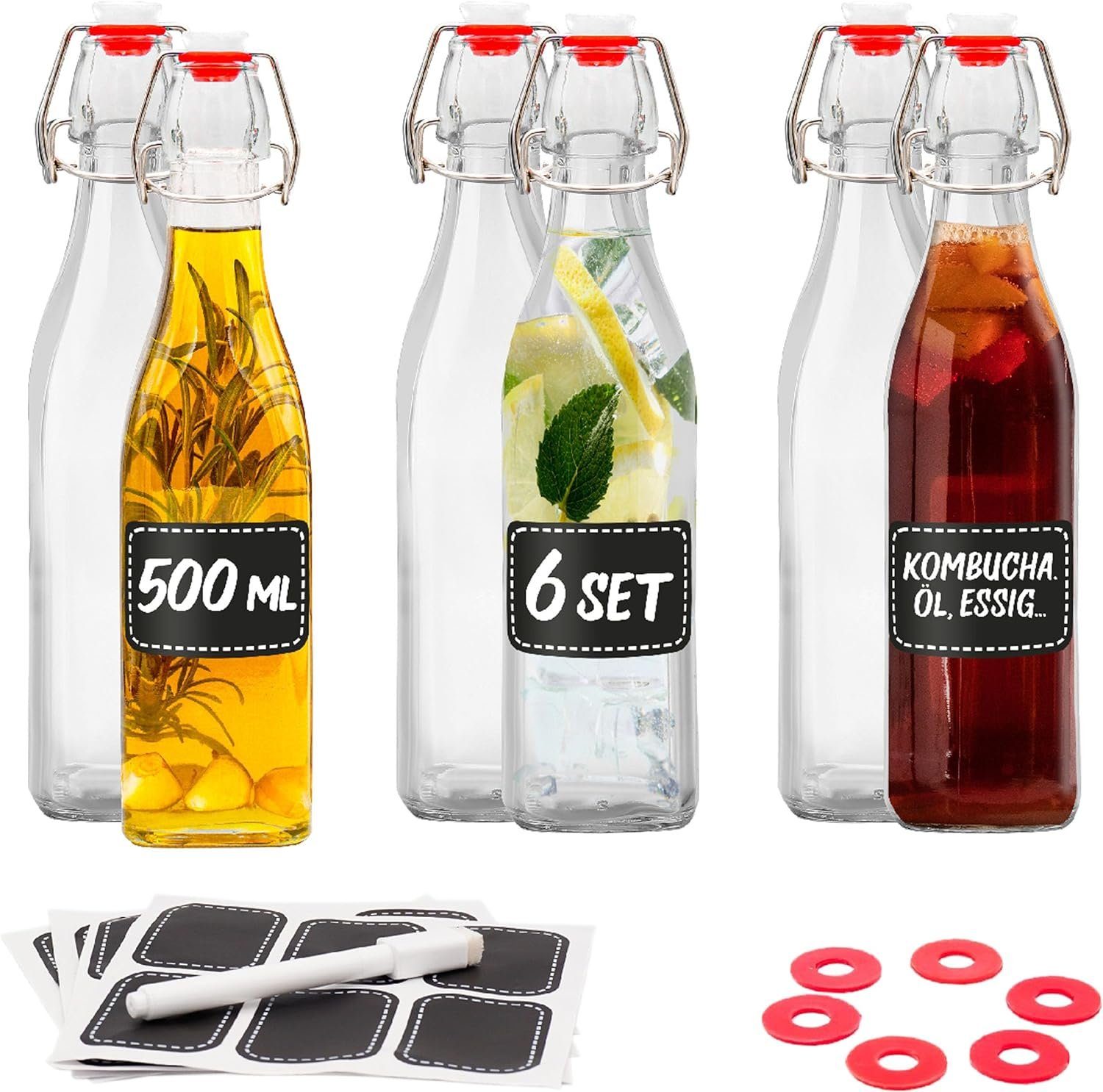 Praknu Trinkflasche 6er Set Glasflaschen 500ml Bügelverschluss Eckig - Bügelflaschen, Bügelverschluss Eckig - 6 Etiketten mit Stift und 6 Extra Dichtungen