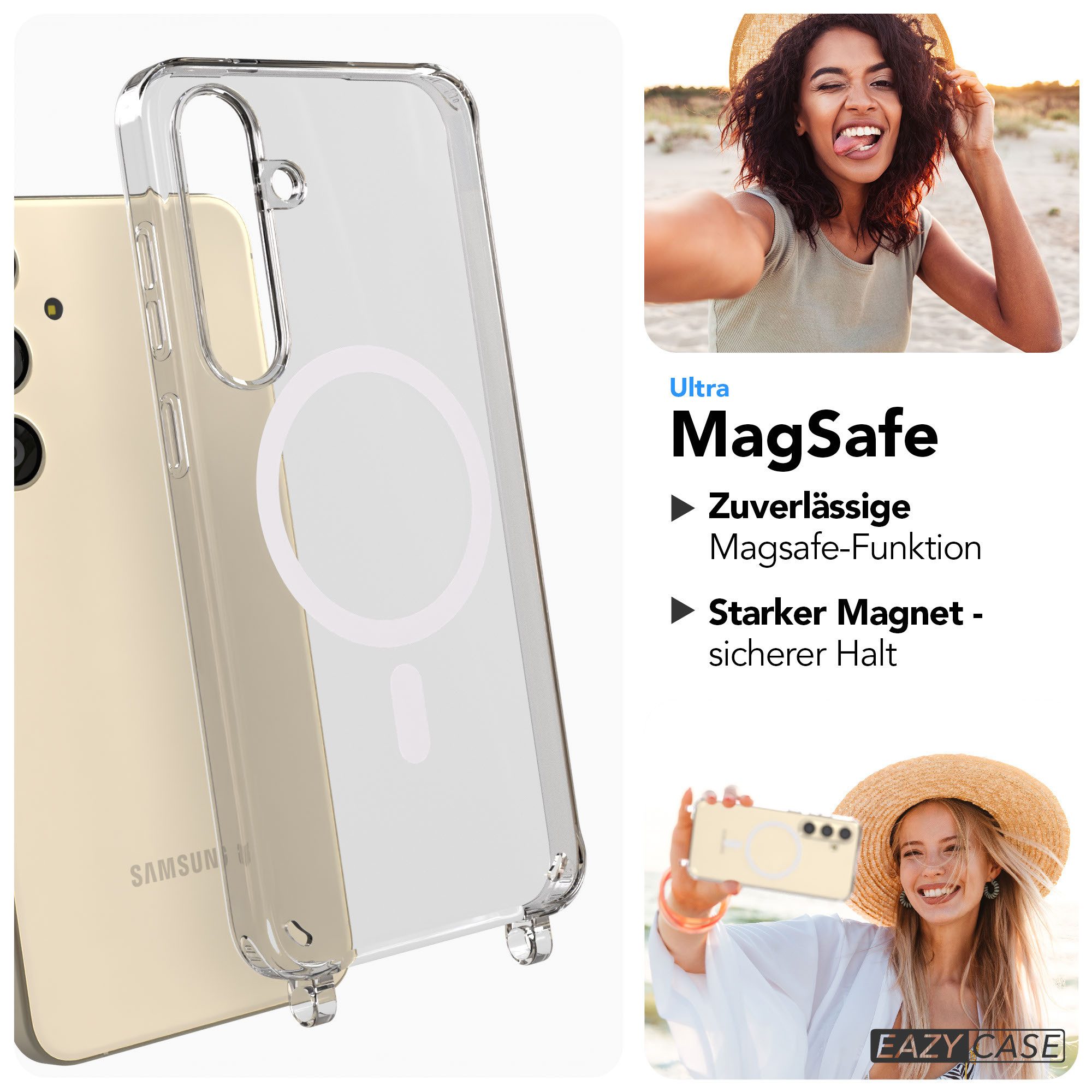 EAZY CASE Handykette MagSafe Handyhülle für Handyketten Samsung Modelle 6,7 Zoll, MagSafe Silikonhülle mit Ösen, Transparent für Samsung Galaxy S24 Plus