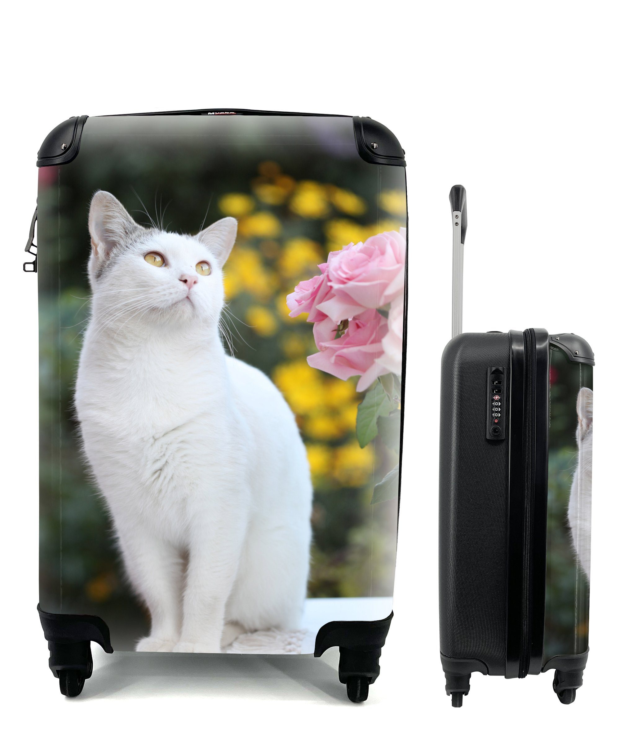 MuchoWow Handgepäckkoffer Katze - Rosen - Blumenstrauß, 4 Rollen, Reisetasche mit rollen, Handgepäck für Ferien, Trolley, Reisekoffer