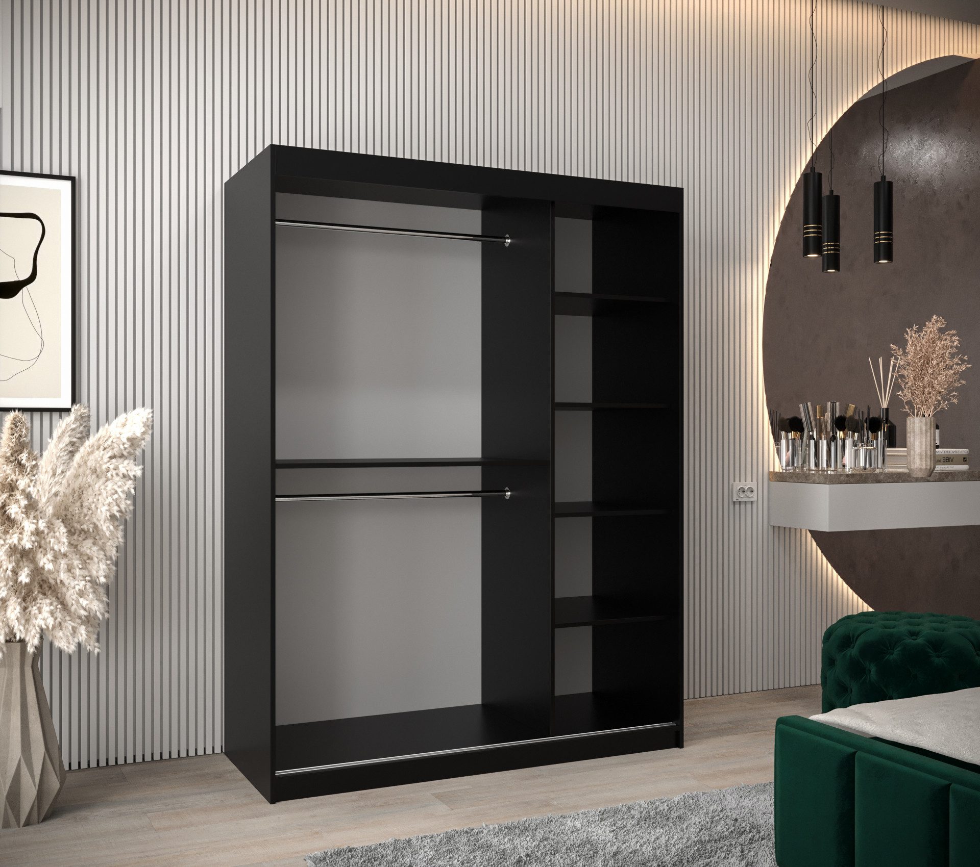 MOEBLO Schiebetürenschrank VELARO T (Moderner Kleiderschrank mit Schiebetüren, Kaschmir & schwarzen Griffen, flexibel einteilbar, mit optionalen Schubladen) (BxHxT):(BxHxT): 100/120/150/180/200/250 x 200 x 62 cm