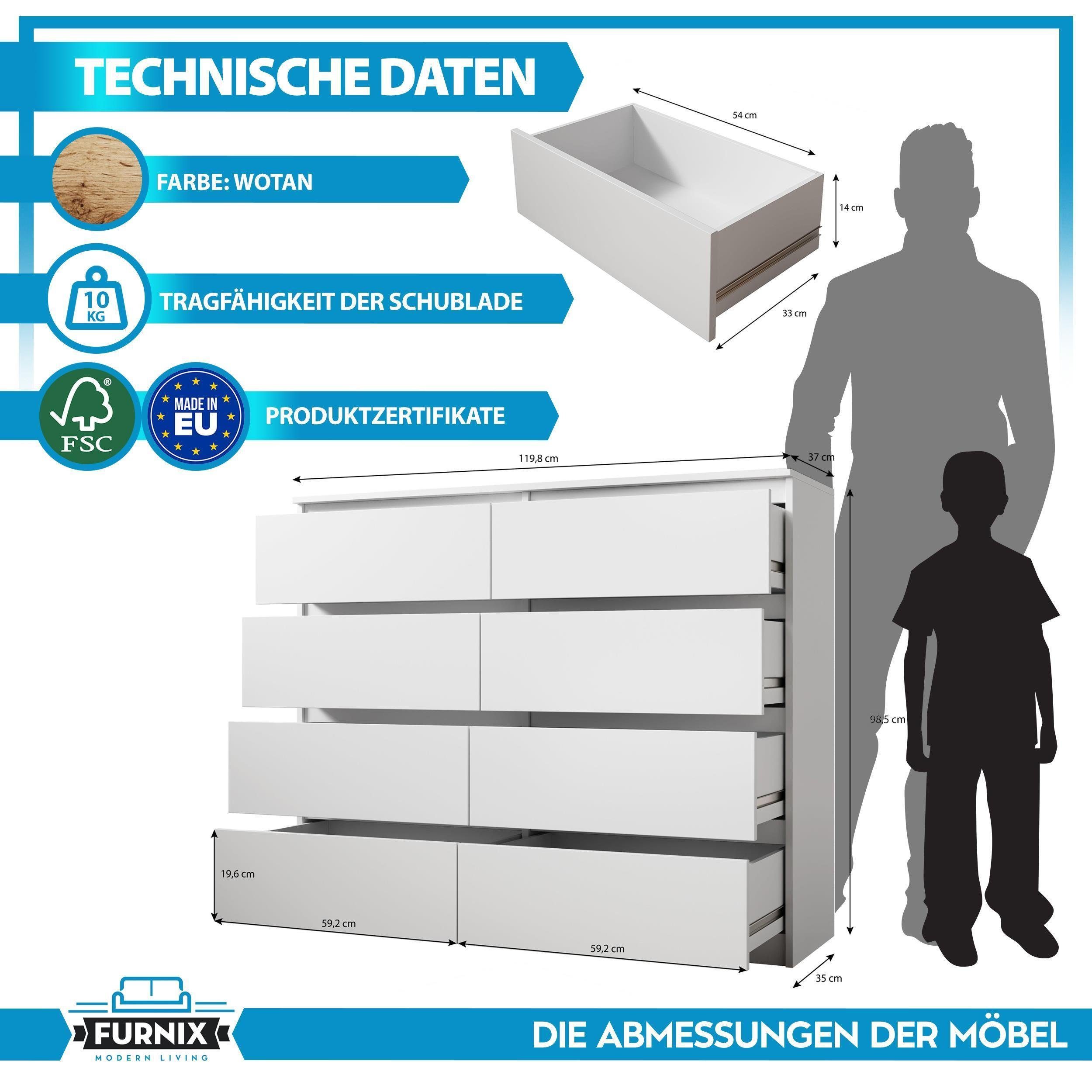 Furnix Wotan x 8 viel multifunktional Hochkommode Schubladen, ARENAL T35 Stauraum, H98,5 x cm mit B119,8