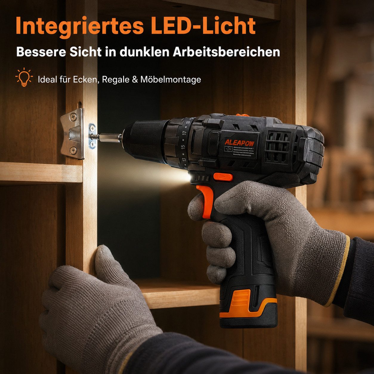 Aleapow Akku-Schrauber, 1350,00 U/min, 30,00 Nm, (12V Bohrschrauber, 24-tlg., 2-Gang-Getriebe, Schnellladung, LED-Licht), 12V Bohrschrauber, 30Nm, 19+1 Einstellungen
