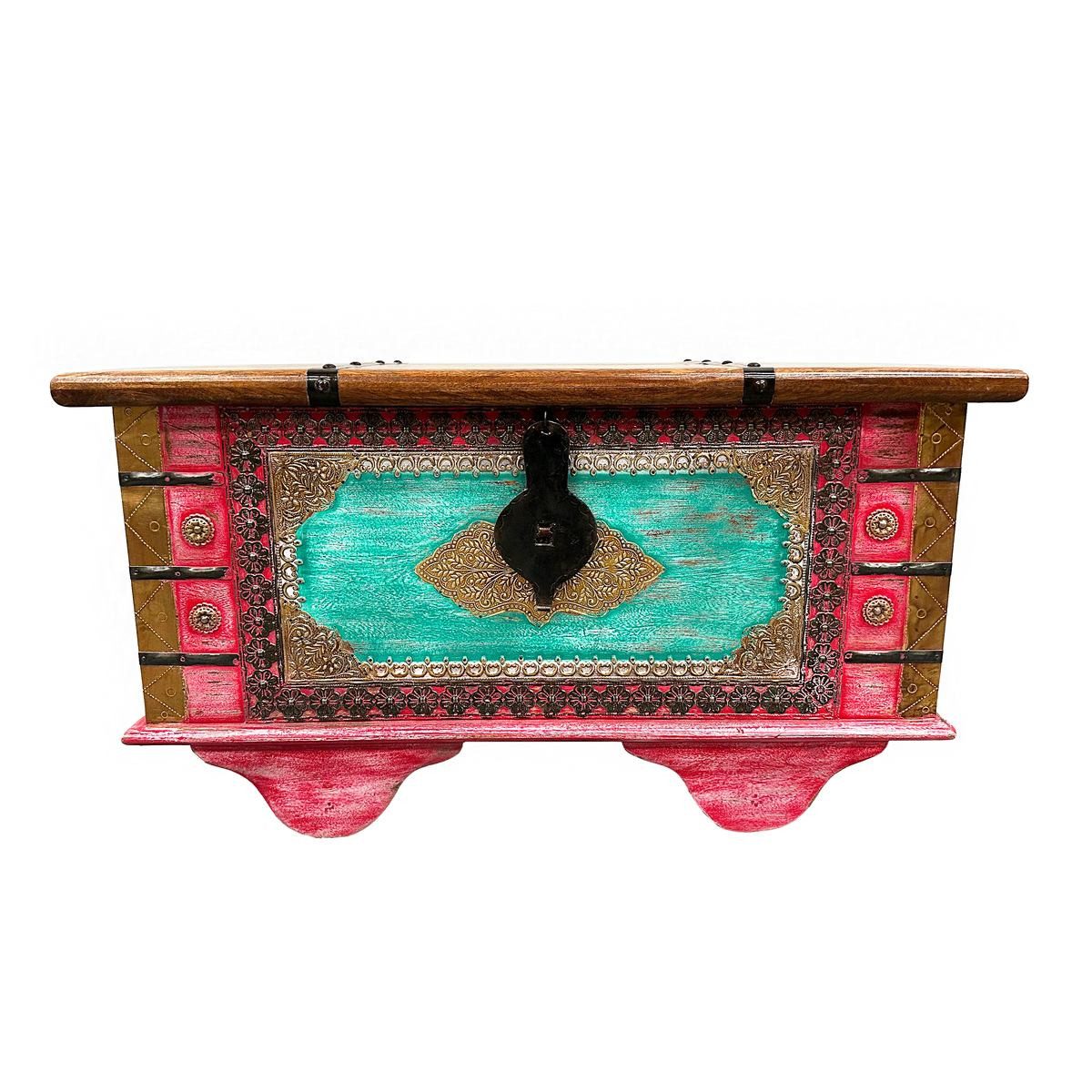 Oriental Galerie Truhe Indische Truhe Rot Braun 80cm, Beistelltisch, Holztruhe, Antik, Wäschetruhe, Möbeltruhe, Holzkiste