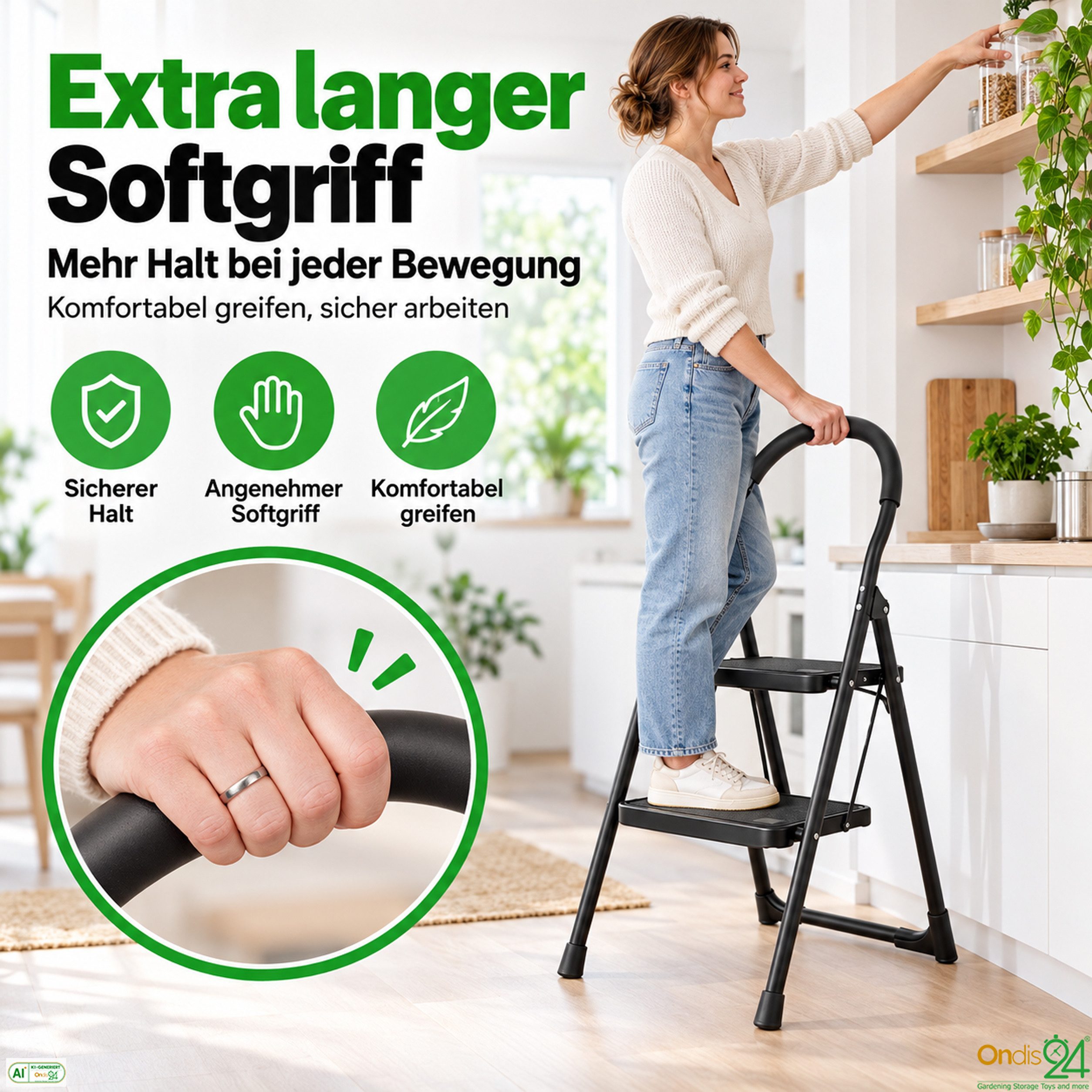 ONDIS24 Trittleiter Klapptritt Hugo XXL Stufen klappbare Leiter bis zu 150kg, pulverbeschichteter Stahl extra langer Softgriff – Bild 4 von 5