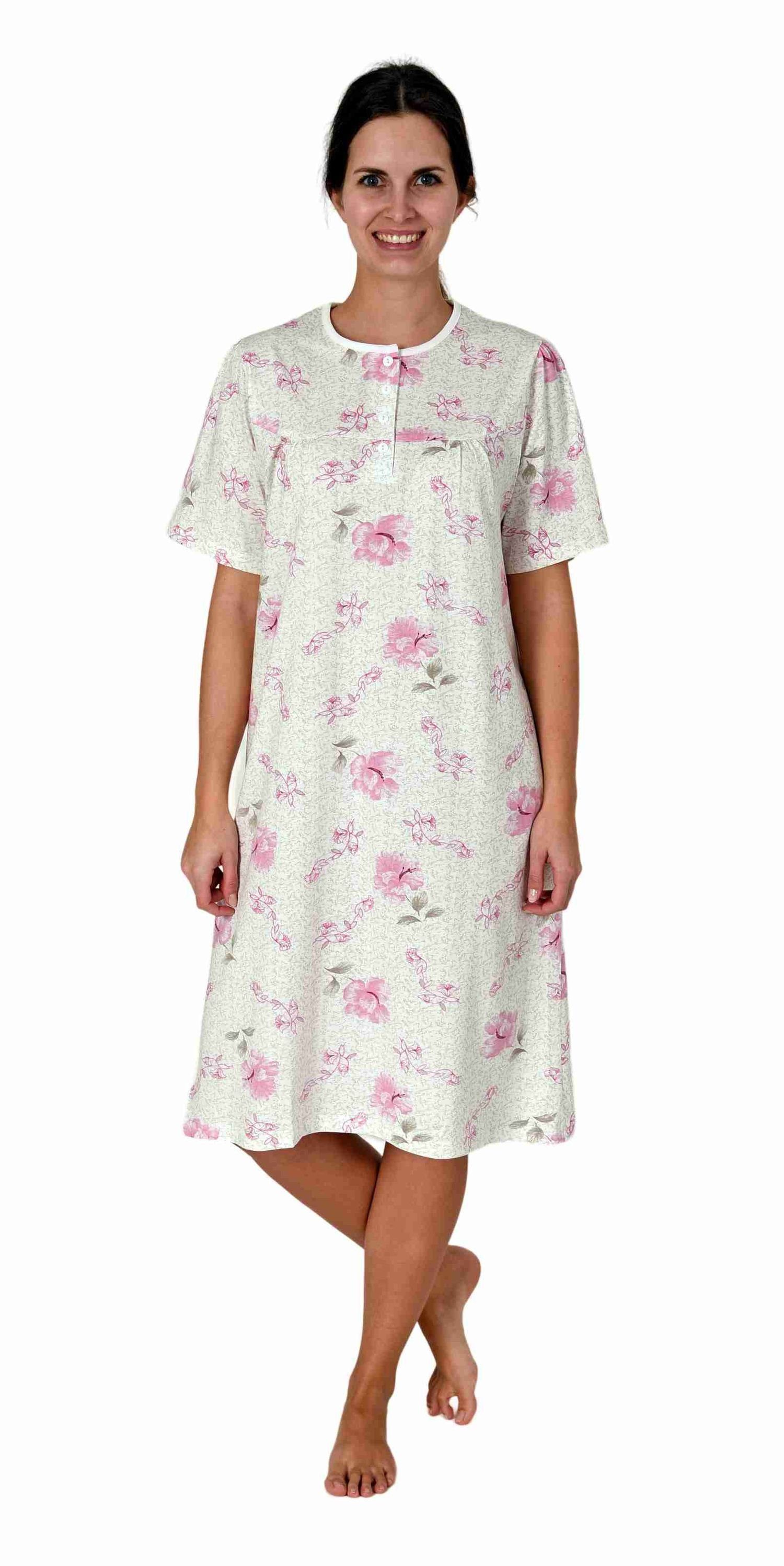 Normann Nachthemd Elegantes frauliches Damen kurzarm Nachthemd mit Knopfleiste am Hals rosa1 | Nachthemden