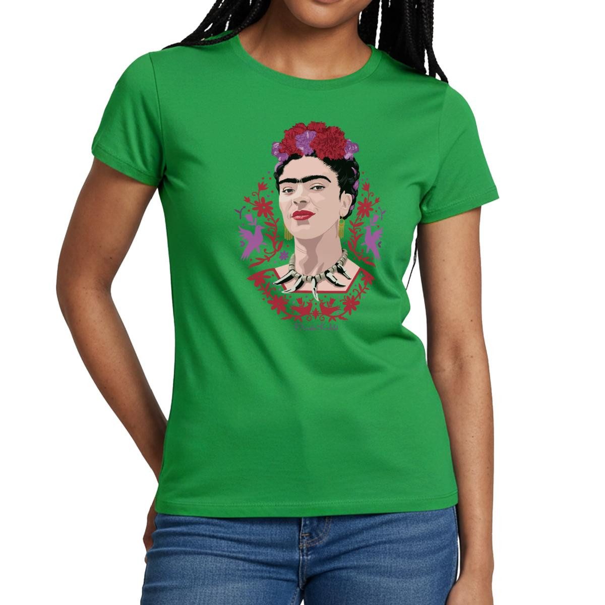 Spreadshirt T-Shirt Frida Kahlo Portrait Mit Blüten Lila Und Rot Frauen T-Shirt (1-tlg)