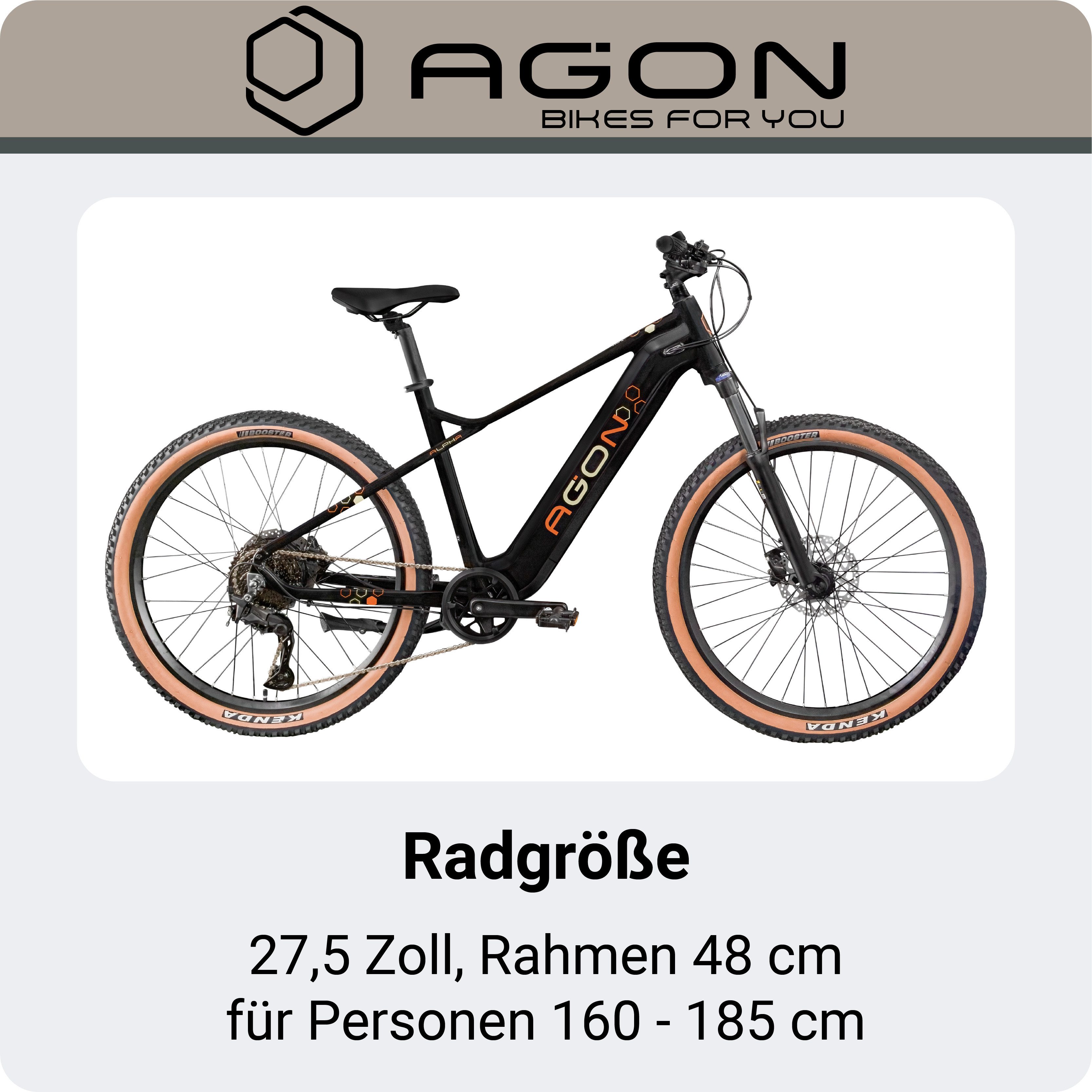 AGON E-Bike Mountainbike Alpha, 10 Gang Shimano Deore SGS T6000 Schaltwerk, Kettenschaltung, Heckmotor, 540 Wh, E Bike Mountainbike Herren oder Damen 160 - 185 cm