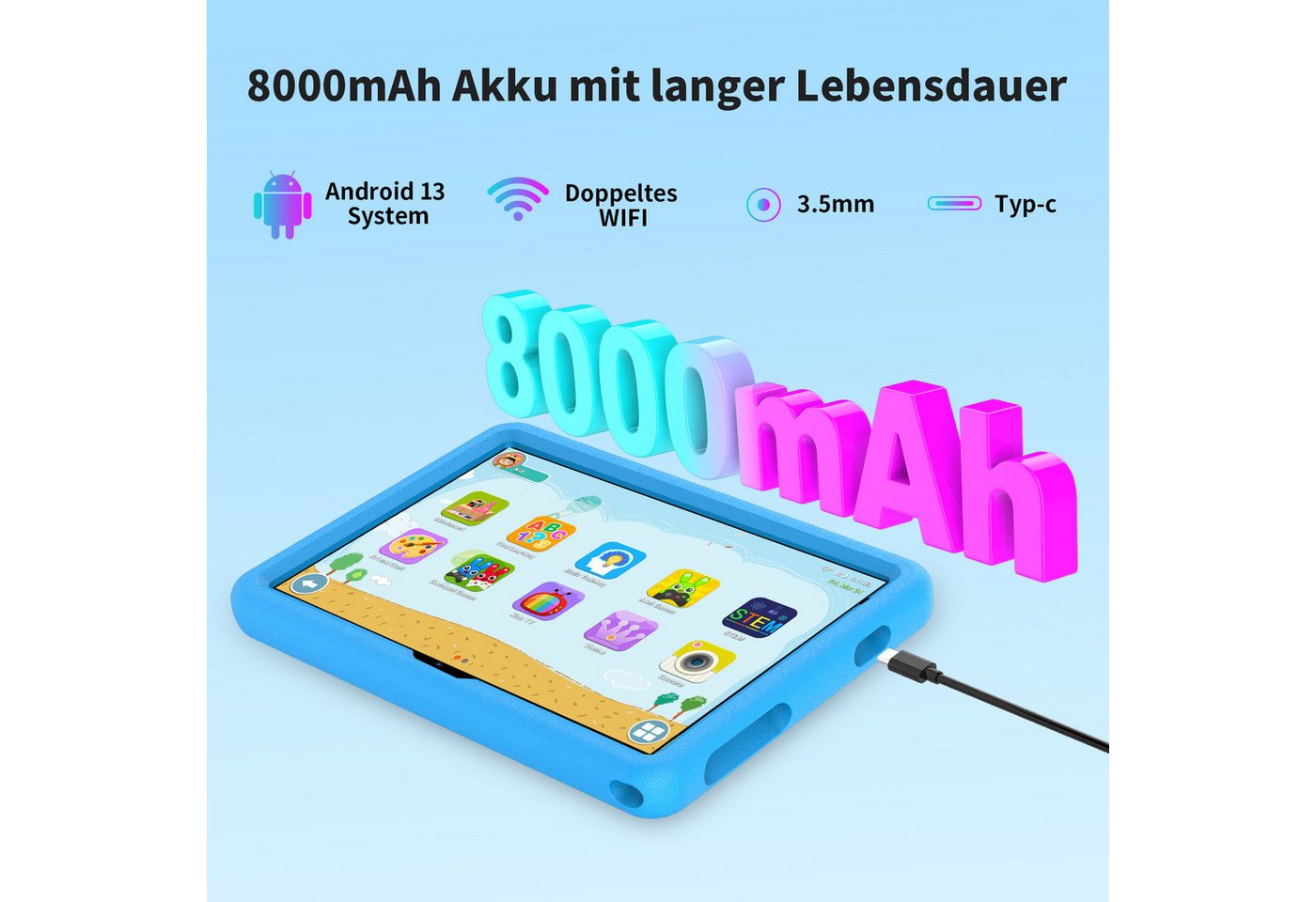 VASOUN 10-Zoll-Kindertablet, 128 GB, Kindersicherung, mit Kindersoftware Tablet (10.1 Zoll Tablet", 128 GB, 4G-Telefonie) blau