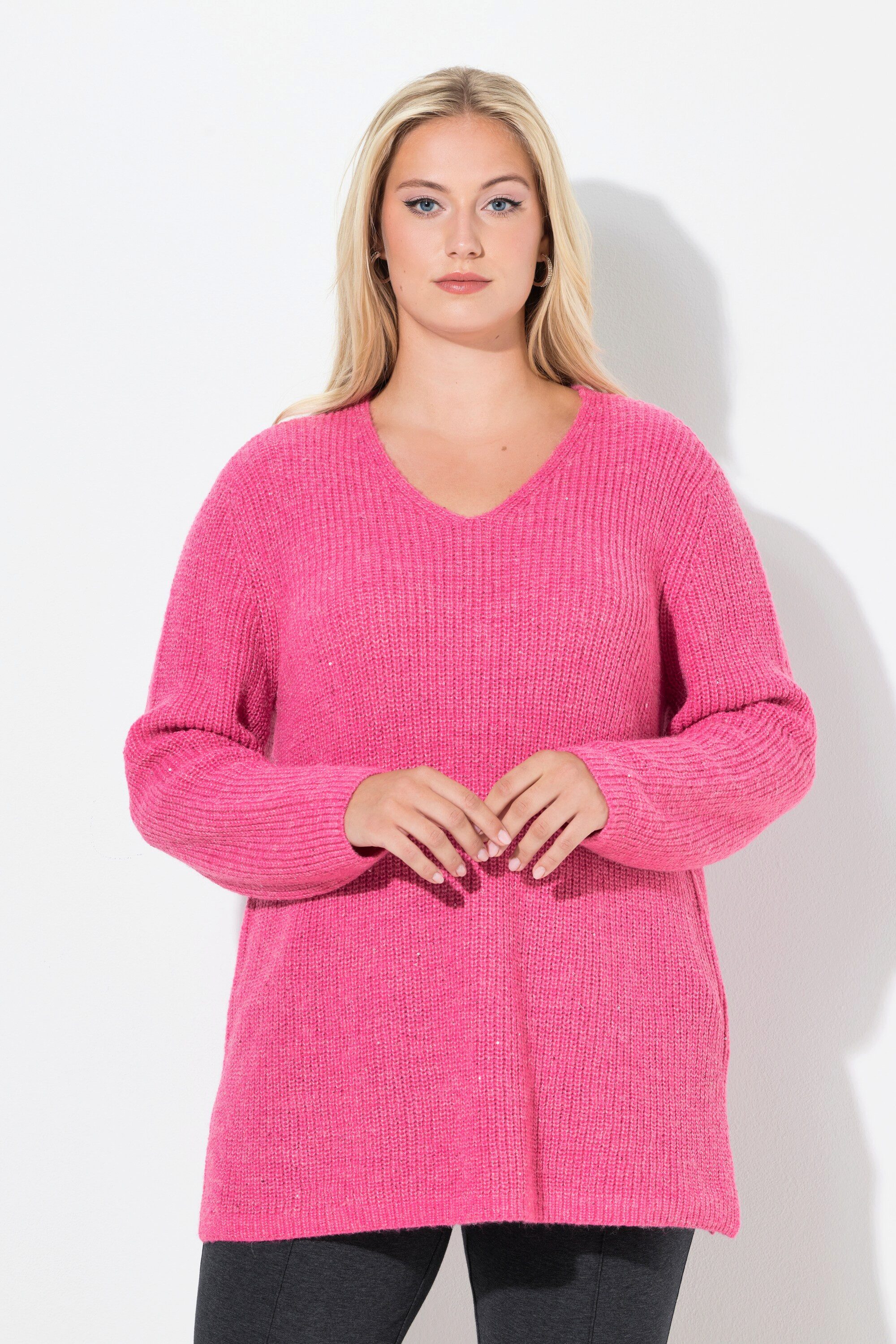 Ulla Popken Strickpullover Pullover Rippstrick Pailletten V-Ausschnitt günstig online kaufen
