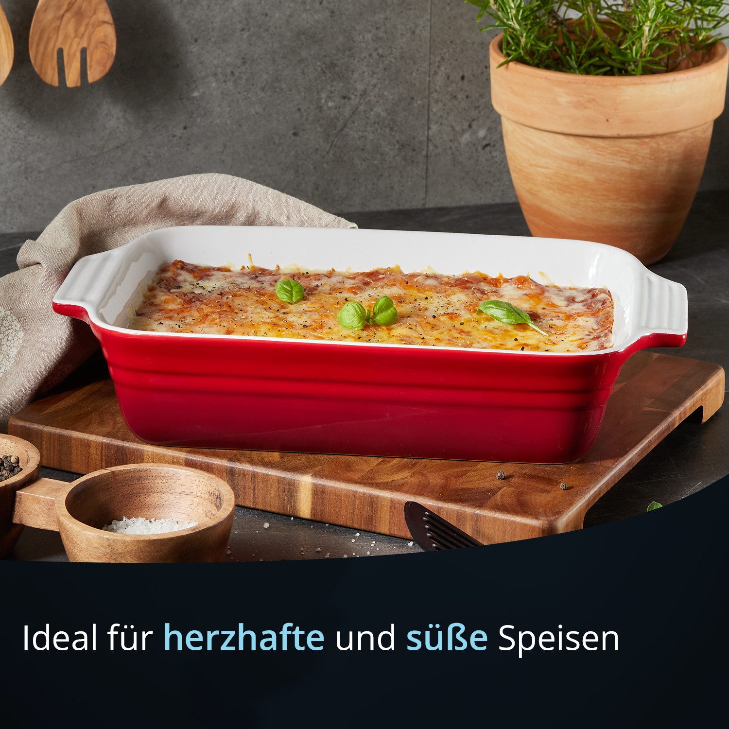 KHG Auflaufform mittelgroß 34 cm Rot 3-4 Personen, Steingut, (1-St), Antihaft (mit Emaile glasiert)