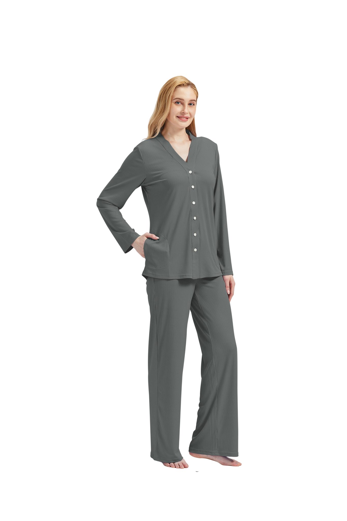 M-Diamant Schlafanzug Damen Pyjama-Set Damenwäsche V-Ausschnitt 3 teilig (Set, 3 tlg) 3-teiliges Set: Jacke mit V-Ausschnitt und Knöpfen, Trägertop und Hose – Bild 3 von 5