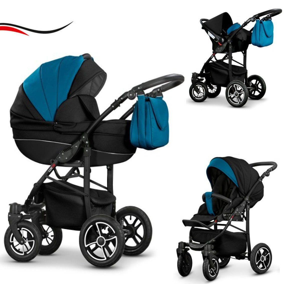 in 29 babies-on-wheels Kunstleder Schwarz-Petrol 1 Kombi-Kinderwagen ECO Cosmo 3 Teile Farben 16 - - Kinderwagen-Set in