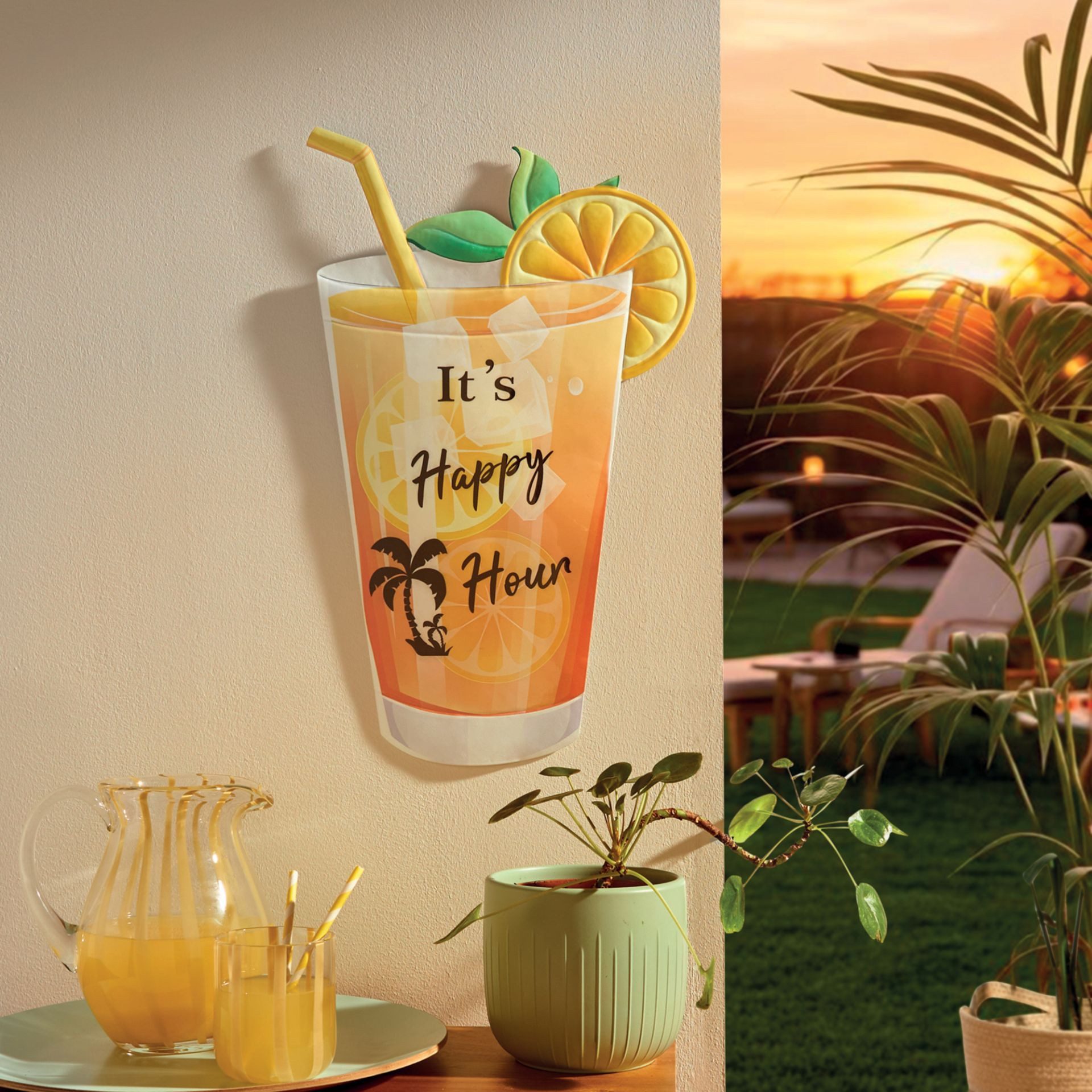 Home-trends24.de Wanddekoobjekt Trinkglas mit Zitrone Schriftzug Garten Terrasse Deko Bild 50 cm