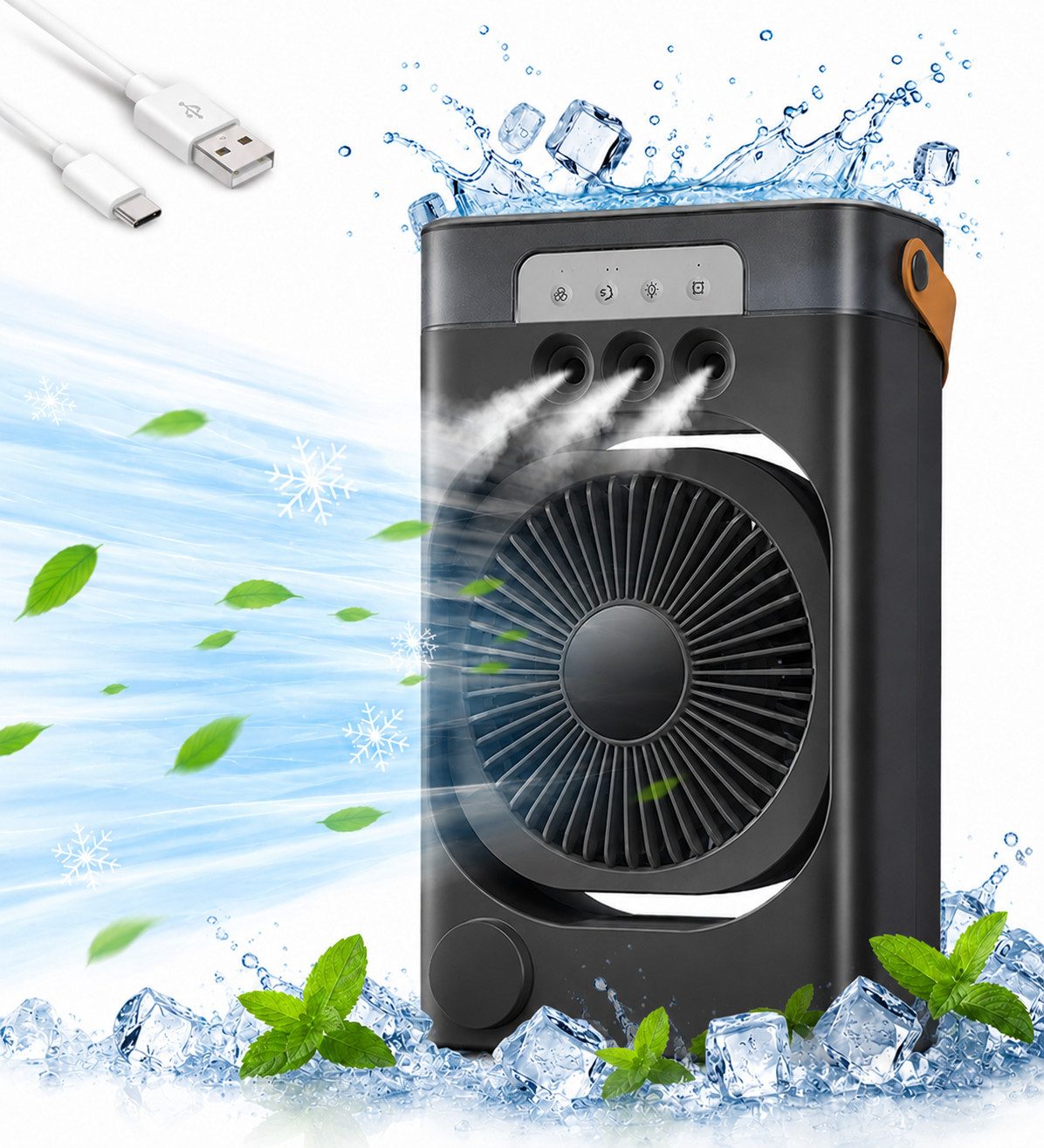 MOPUEA Ventilatorkombigerät Tragbarer Luftkühler mit 3 Stufen, 7 LED-Farben und USB-Betrieb, Wasserkühlung 600ML,4-in-1 Klimaanlage für Zimmer, Sprühfunktion